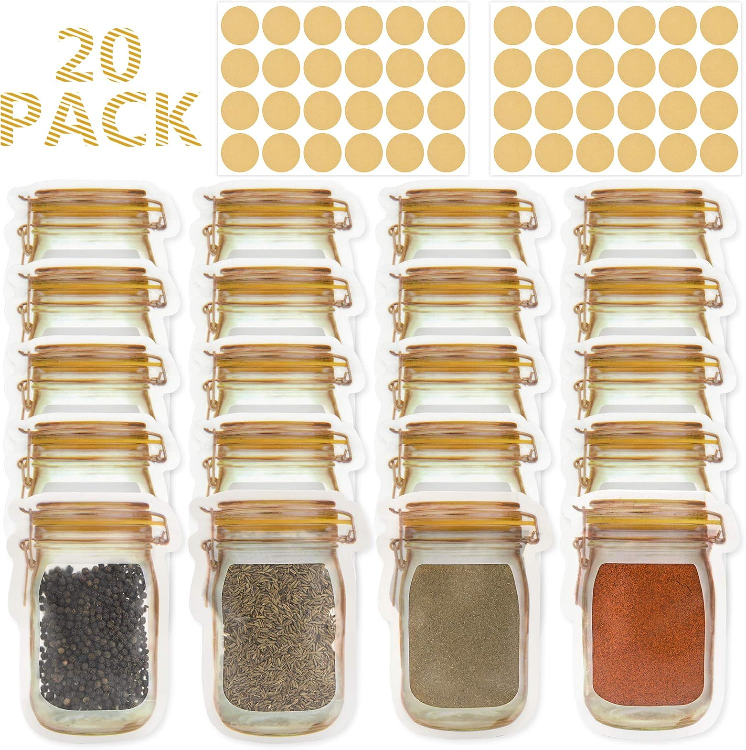 Mlife Spice Storage Bags-20 PCS Small Mason Jar Spice Jars Bags with 48 PCS Spice Labels,Snack Saver Container Leak-Proof Zip-Lock Bags for Travel Camping Picnic image number 4