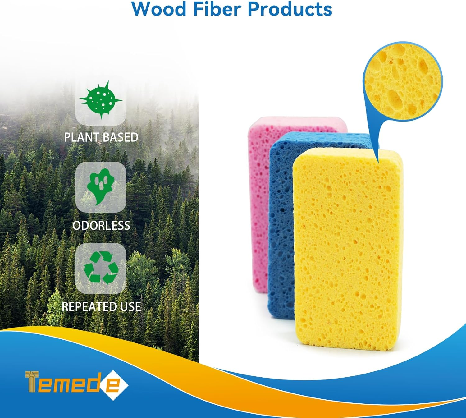 Temede Sponges for Dishes, Large Cellulose Kitchen Sponge, 3.5Cm Thick Heavy Duty Scrub Sponges for Cleaning, Non-Scratch Dish Scrubber Natural Sponge for Household Cleaning, Cookware, Bathroom, 5Pcs image number 2