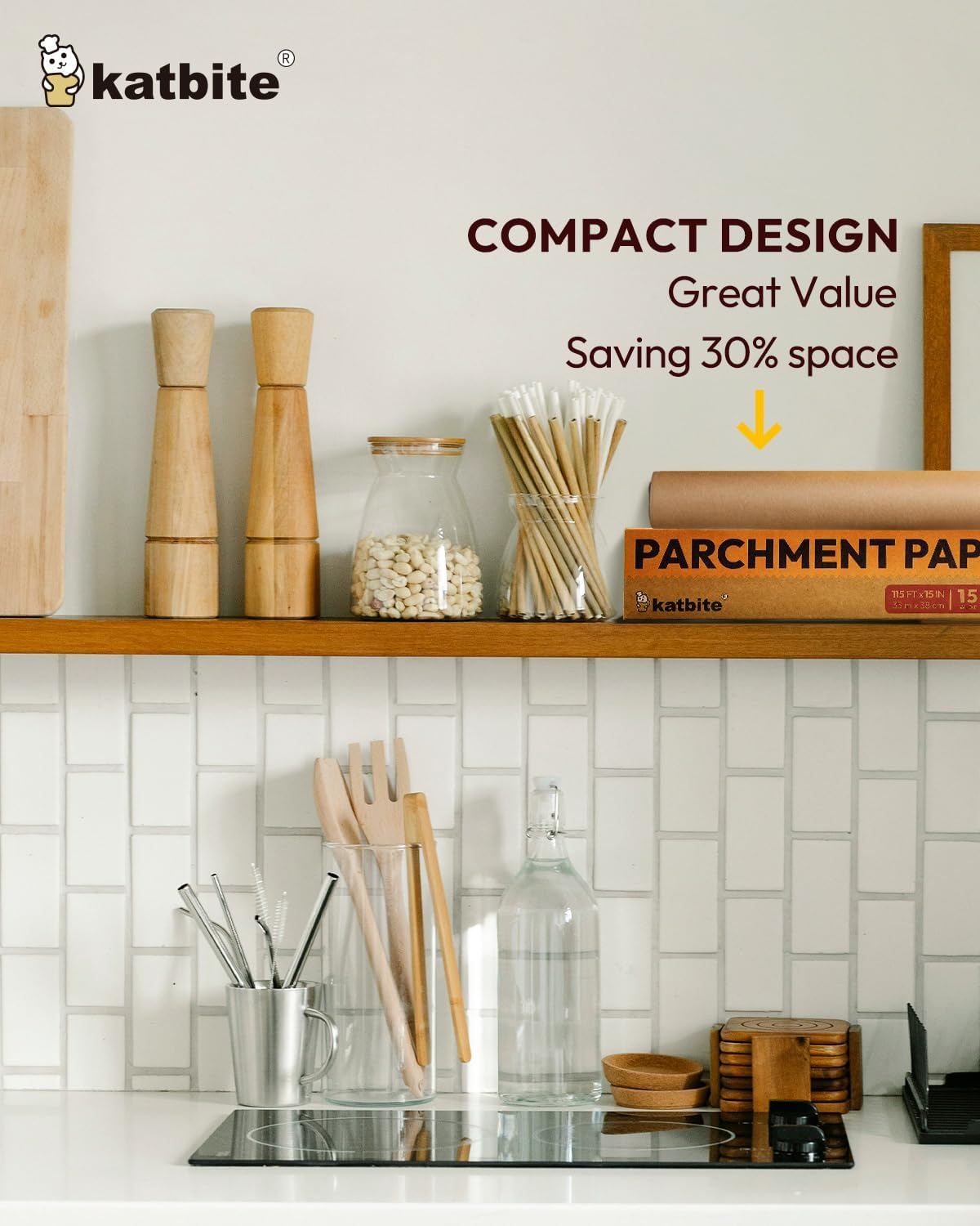 Katbite 15In X 115Ft, 145 Sq.Ft Parchment Paper Roll for Baking,Parchment Baking Paper with Serrated Cutter, Non-Stick Longer Unbleached Parchment Roll for Cooking, Air Fryer, Steaming, Bread image number 2