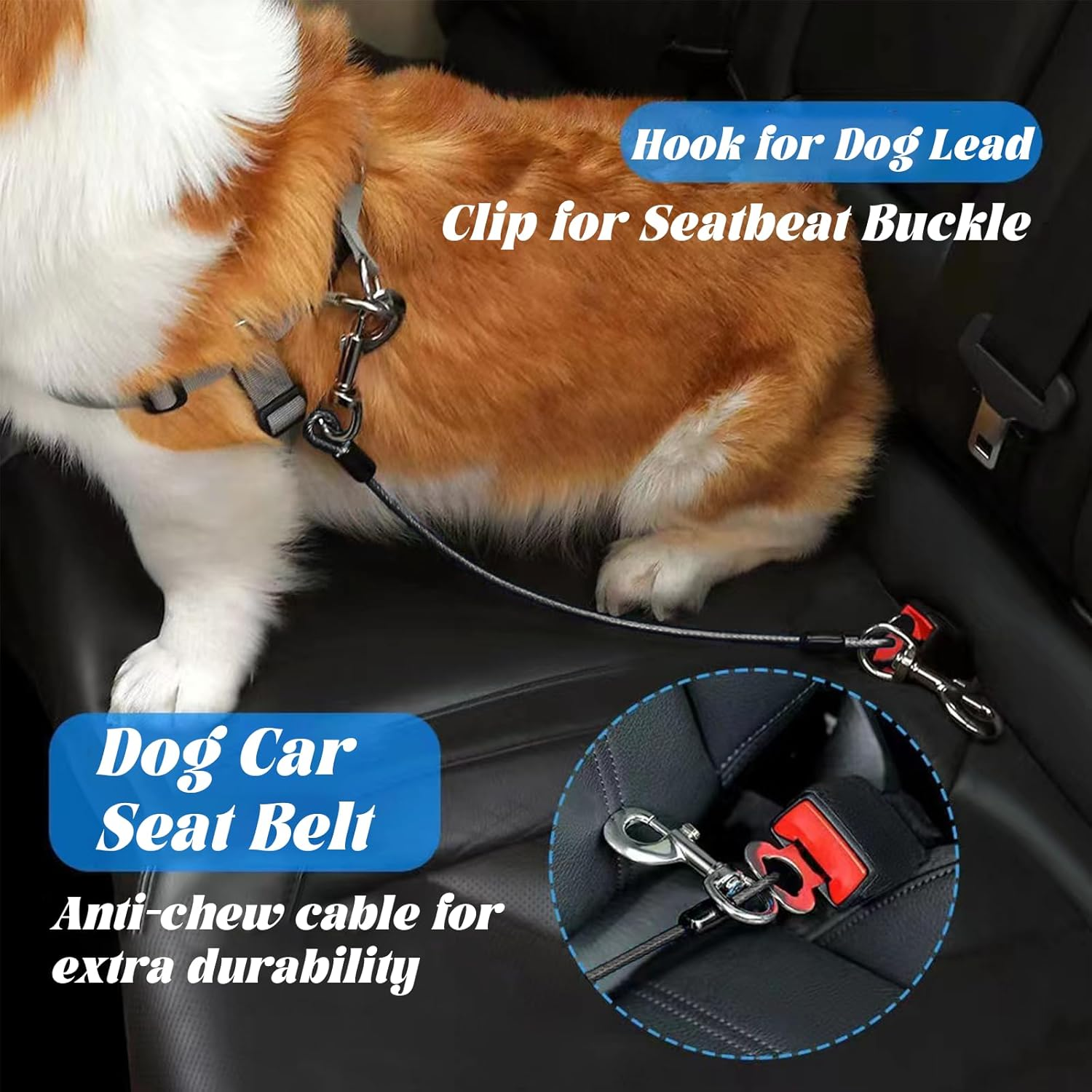 Car Harness for Dogs, Chew Proof Coated Steel Rope, Car Seat Belt with Double Clips and Buckle, Dog Chain, Leash, Vehicle Harnesses for Small Medium Large Dogs, Black And image number 1