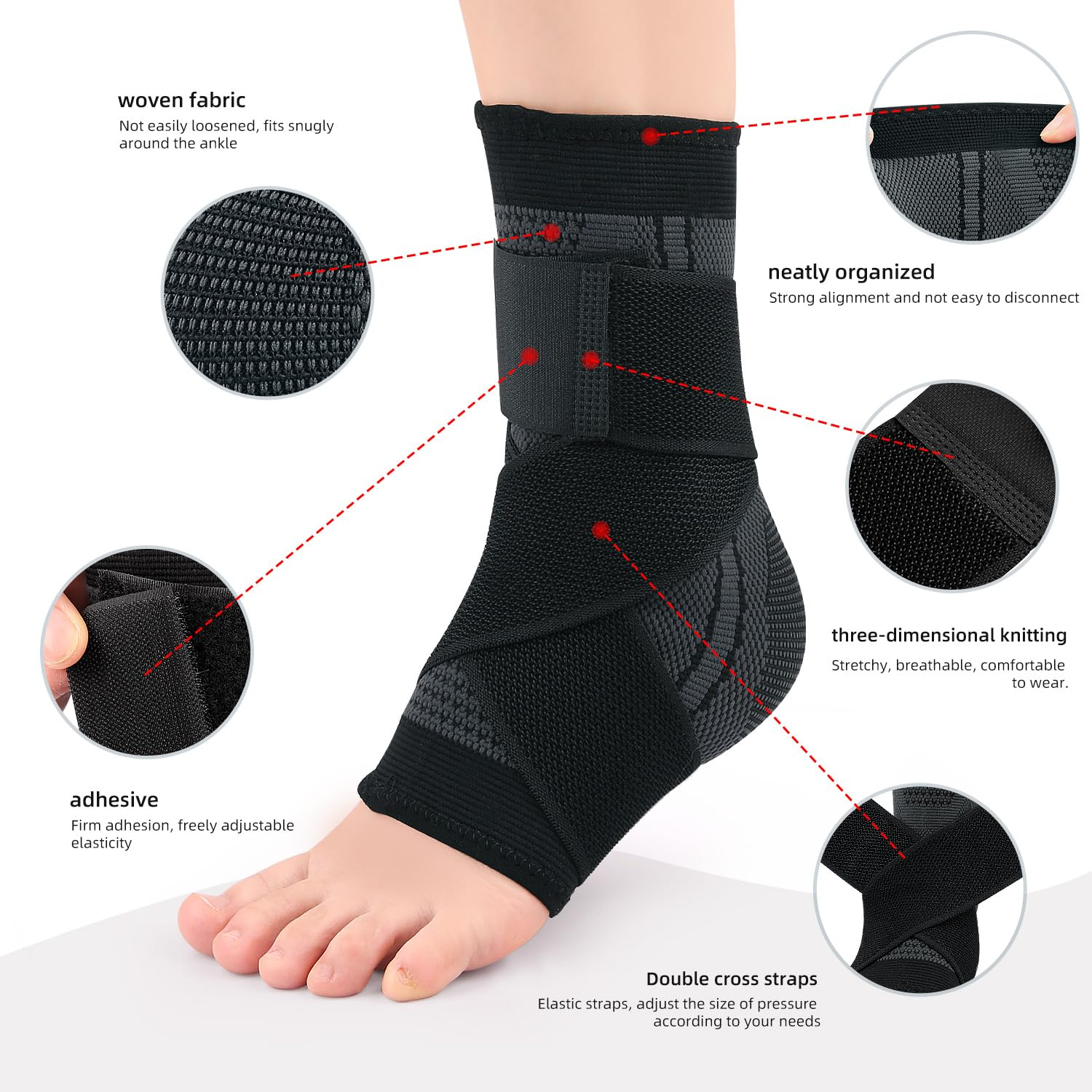 Ankle Support, Adjustable Compression Ankle Sleeves, Sports Ankle Braces Foot Heel Socks for Men&Women, One Size [1 Pair] (Black) image number 2