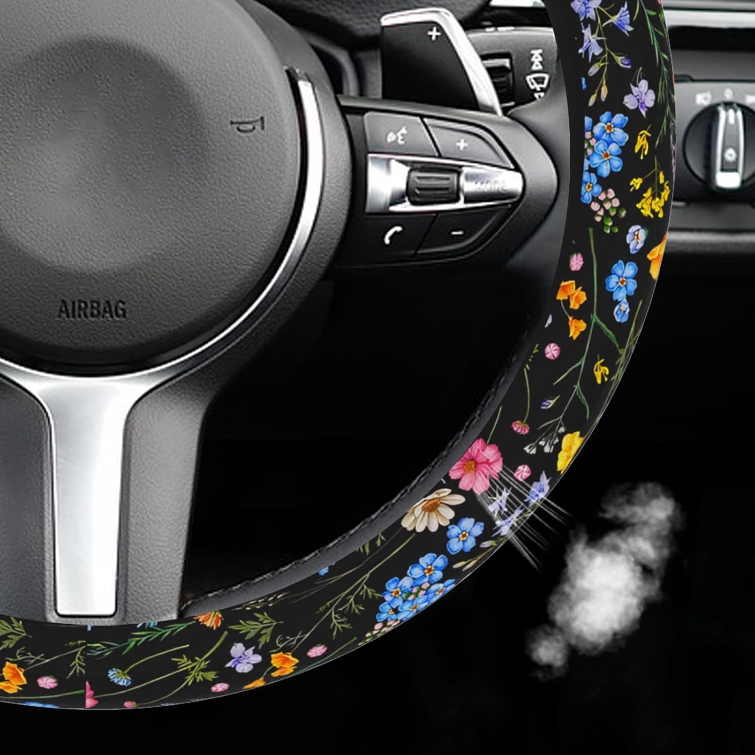 Wildflower Steering Wheel Cover for Women Men, Anti-Slip Breathable and Sweat Absorption Universal 14.5-15 Inch Cute Steering Wheel Protector, Wildflower Floral Car Accessories image number 1