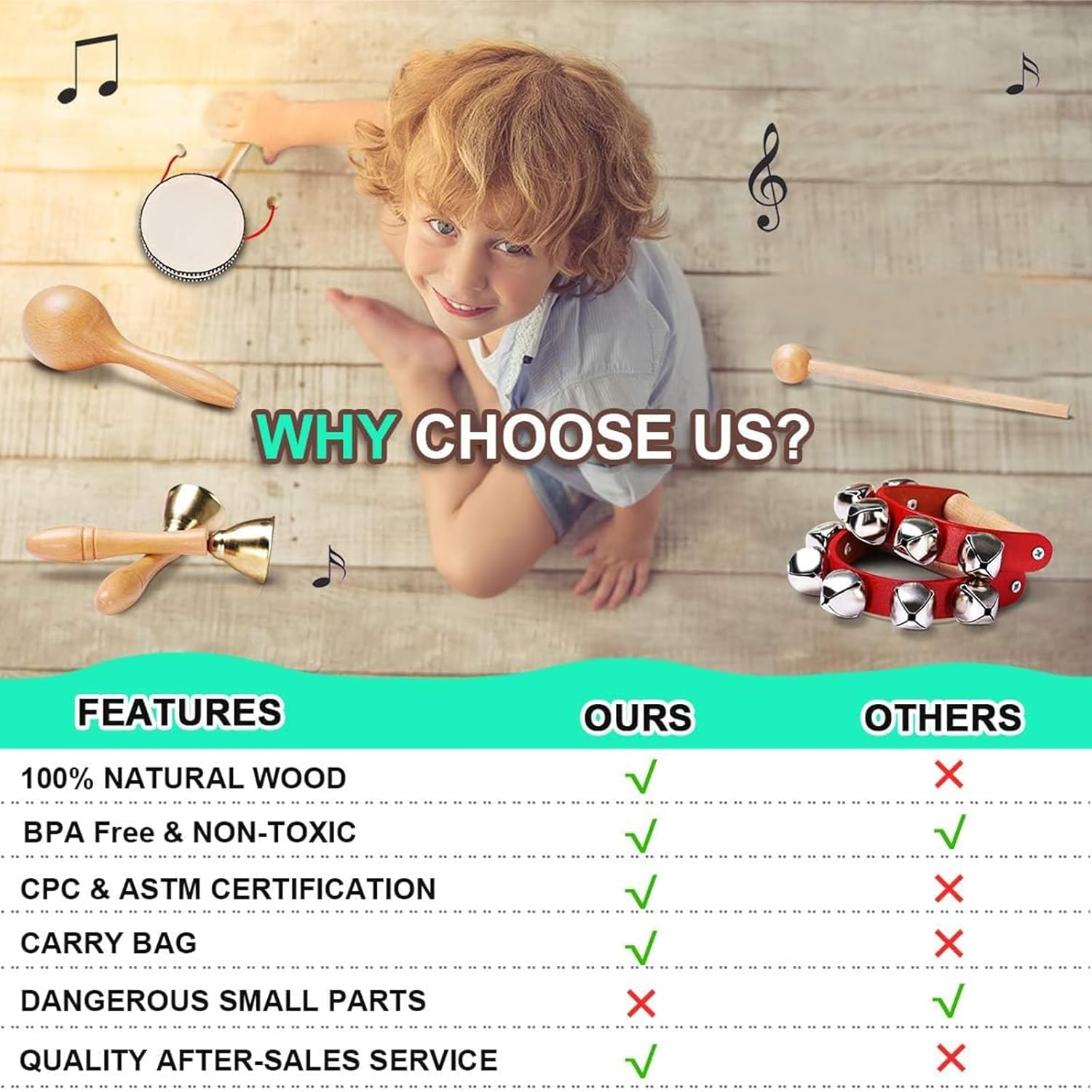 Wooden Kids Musical Instruments for 1-9 Years Old, with Drum, Hand Bells, Flute, Maracas, Castanet, Tamburine, Chime Bar,For Babies and Toddlers, Durable, Safe, Montessori Educational Toy, Storage Bag image number 1