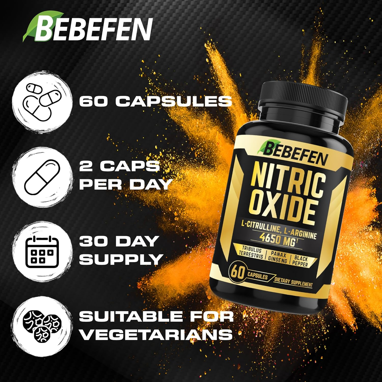 Nitric Oxide Supplements 4650Mg - High Formula with L-Arginine, L-Citrulline, Tribulus, Ginseng, Black Pepper - 60 Capsules image number 6