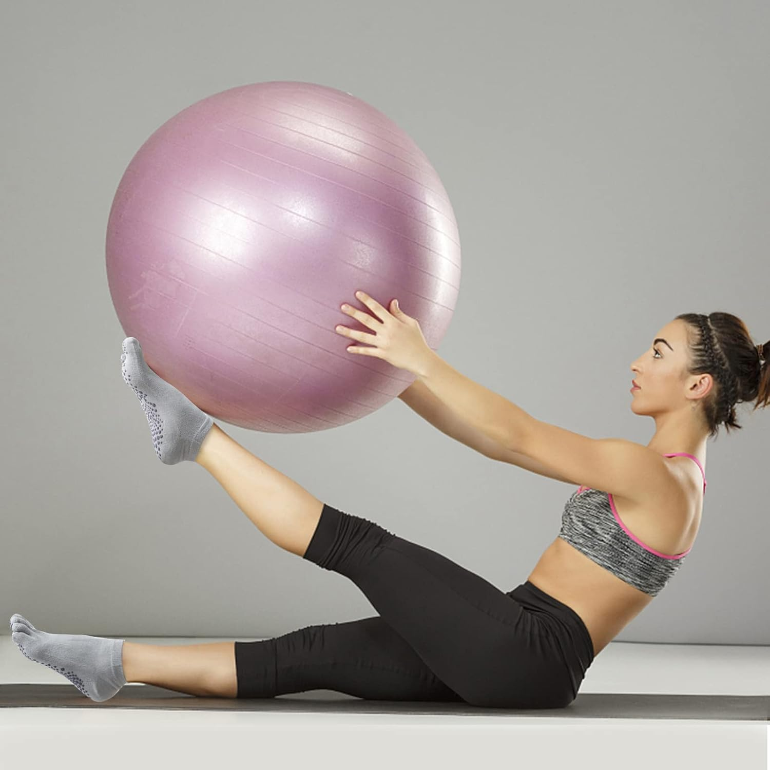 2 Pairs Anti-Slip Socks for Men and Women, Non-Slip Yoga Socks with Toes, Non-Slip Sports Socks for Home, Cotton Toe Socks for Pilates Barre Dance Hospital, Black + Gray image number 6