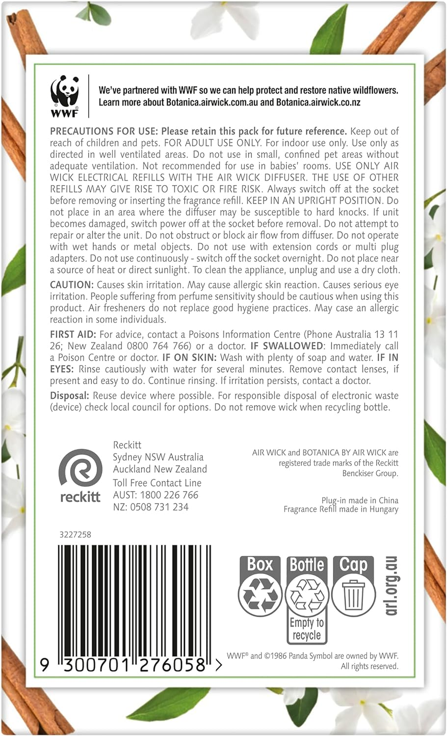 Botanica Electric Diffuser Device with Jasmine and Sri Lankan Cinnamon Leaf Fragrance Refill 19 Ml