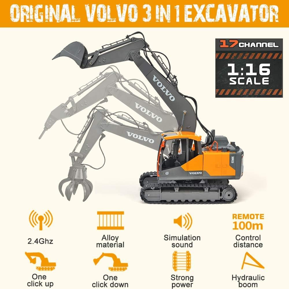 Volvo RC Excavator 17 Channel RC Truck with 2 Rechargeable Batteries Full Functional Remote Control Excavator Construction Tractor image number 2