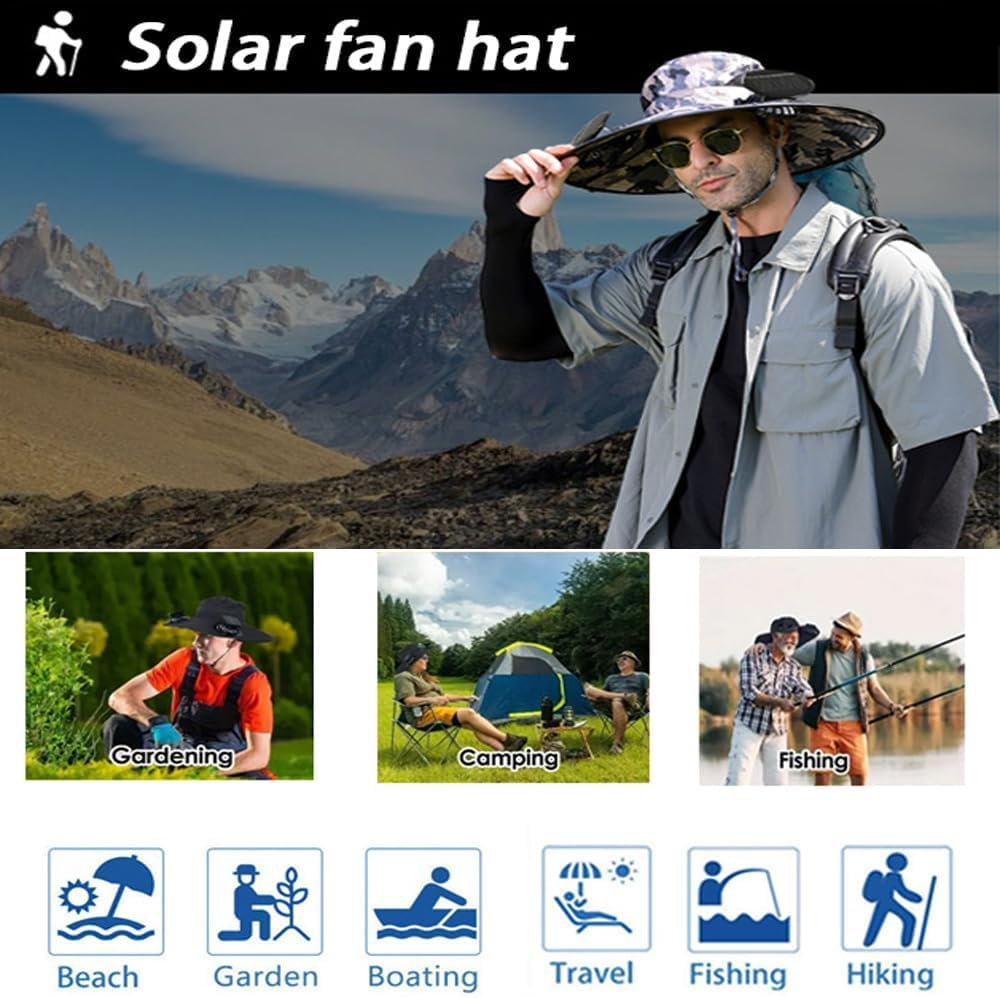 Outdoor Solar Fan Sun Hat &ndash; Wide Brim UPF 50+ Bucket Hat with 2 Cooling Fans for Men & Women, Breathable Fishing & Beach Hat for Hot Summer Days Army Green image number 5