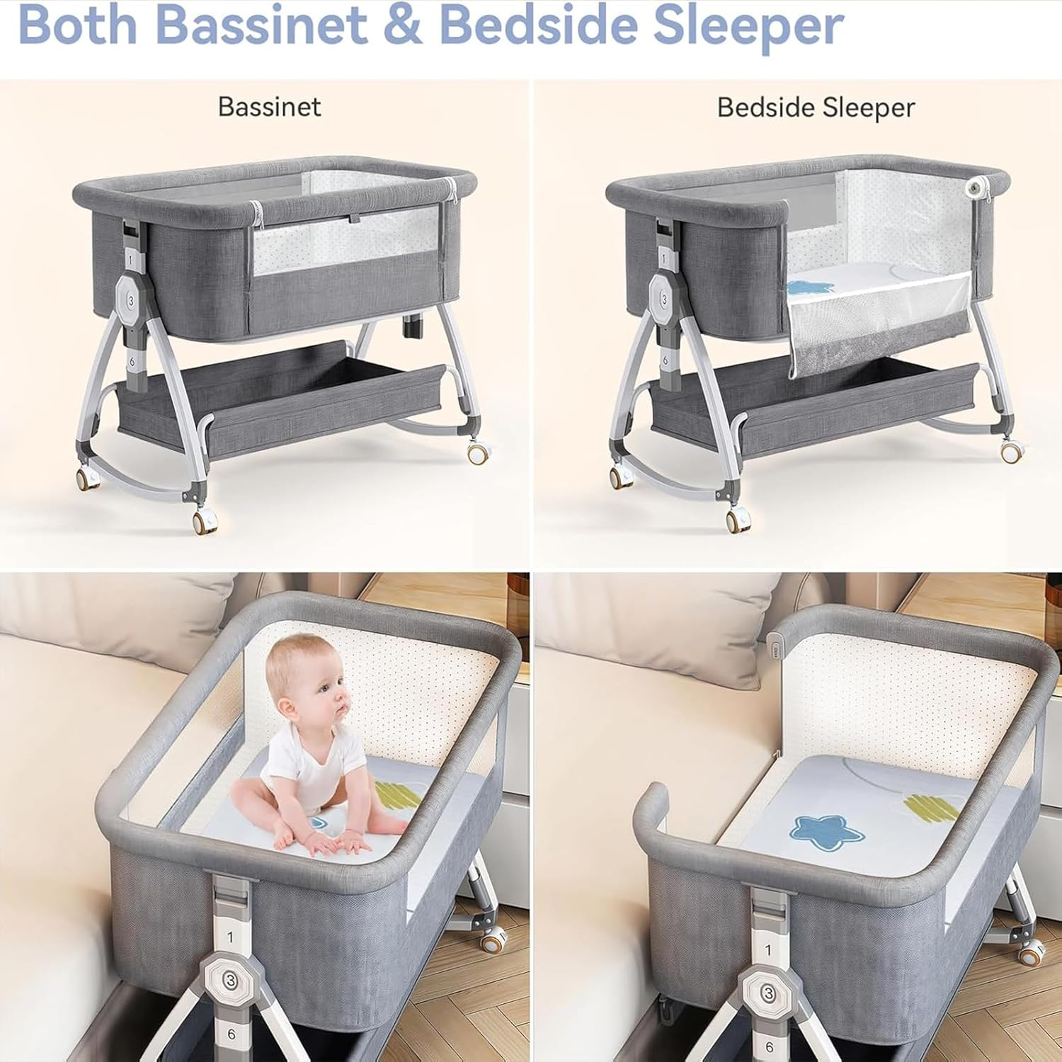 Hoxue 4 in 1 Baby Bassinet Crib,Portable Bassinets Bedside Sleeper with Comfy Mattress Storage Basket and Mosquito Net,Pillow,Summer Sleeping Mat,Height Adjustment Rocking Bedside Crib (Pink)