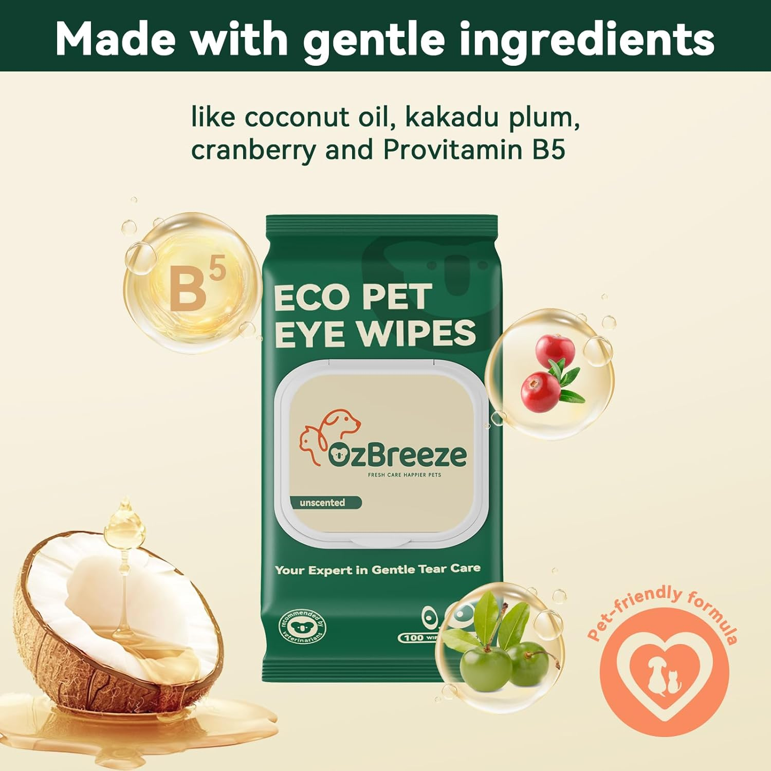 Ozbreeze Pet Eye Wipes &ndash; 100 Count Unscented Tear Stain Remover | Natural Coconut Oil, Kakadu Plum, Cranberry, Provitamin B5 Formula | Gentle Eye Cleaning Pads for Discharge, Mucus & Saliva Stains image number 1