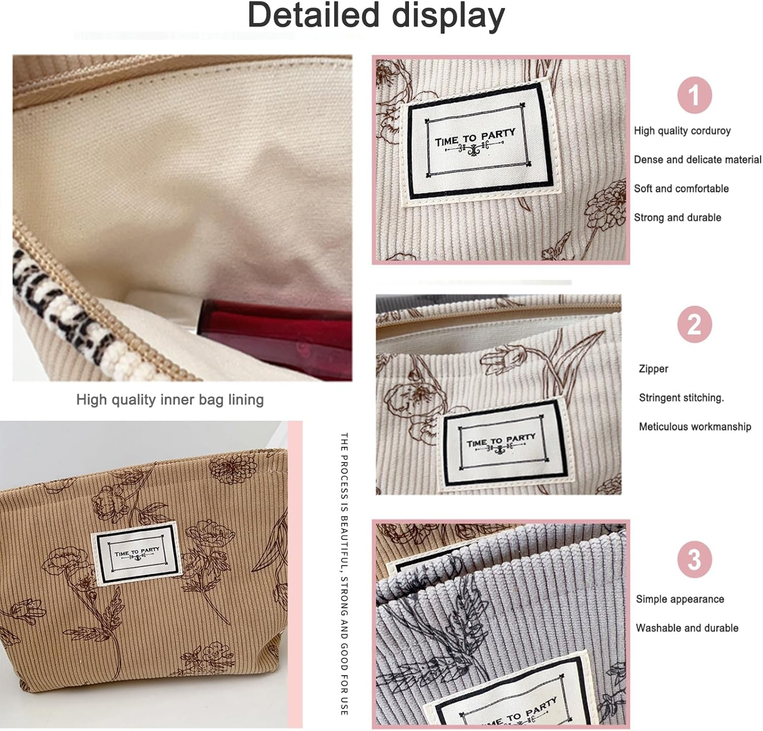 Gidary Cosmetic Bag Makeup Bag Preppy Cute Corduroy Toiletry Bag for Women Travel Essentials (White) - White image number 4