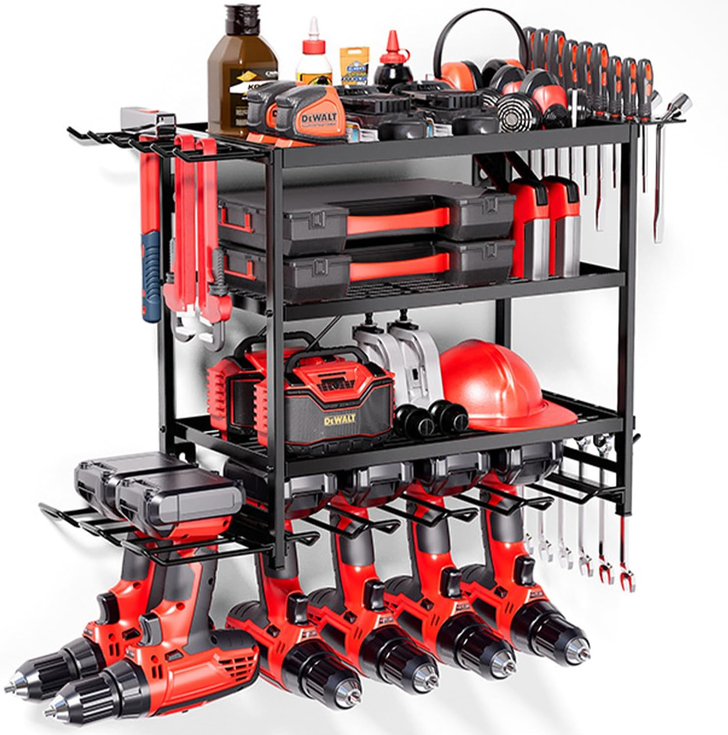4-Layer Power Tool Organizer, Wall Mount Garage Storage, Heavy Duty Drill Holder