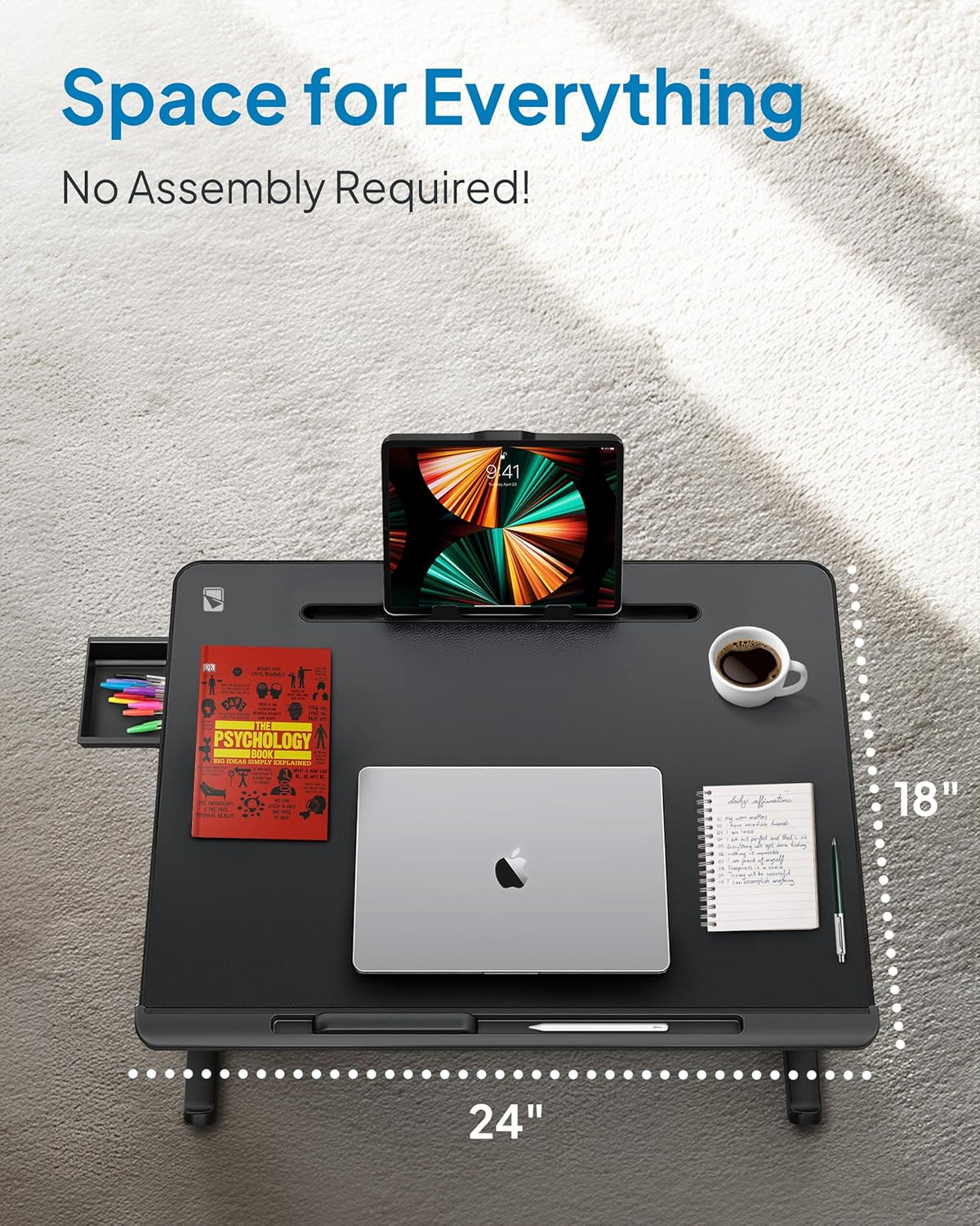 Cooper Deskpro XL 23.6" Ergonomic Adjustable Laptop Bed Desk, Laptop Bed Table | Tray for Eating, Computer, Writing, Floor, Couch | Large Lap Desk for Adults | Leather, Drawer, Book Stand (White) image number 2