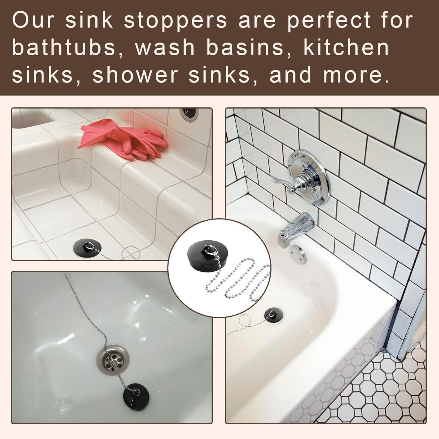 Drain Plug, Pack of 2 Rubber Sink Plugs, 45 Mm Plug Bathtub, Universal Plug for Sink Bathtub, with 40 Cm Chain Plug, for Bathtub, Kitchen, Sink Sewer System image number 4