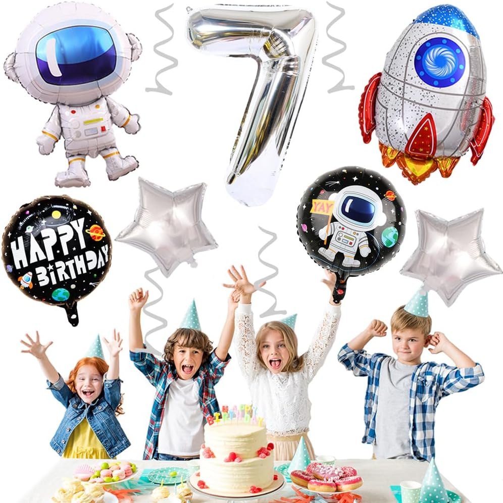 Weenkeey 7Th Birthday Space Balloons Giant Astronaut Rocket Foil Balloons Silver Number 7 Helium Balloon 7Th Birthday Balloons Spaceman Mylar Balloon for Boy Birthday Party