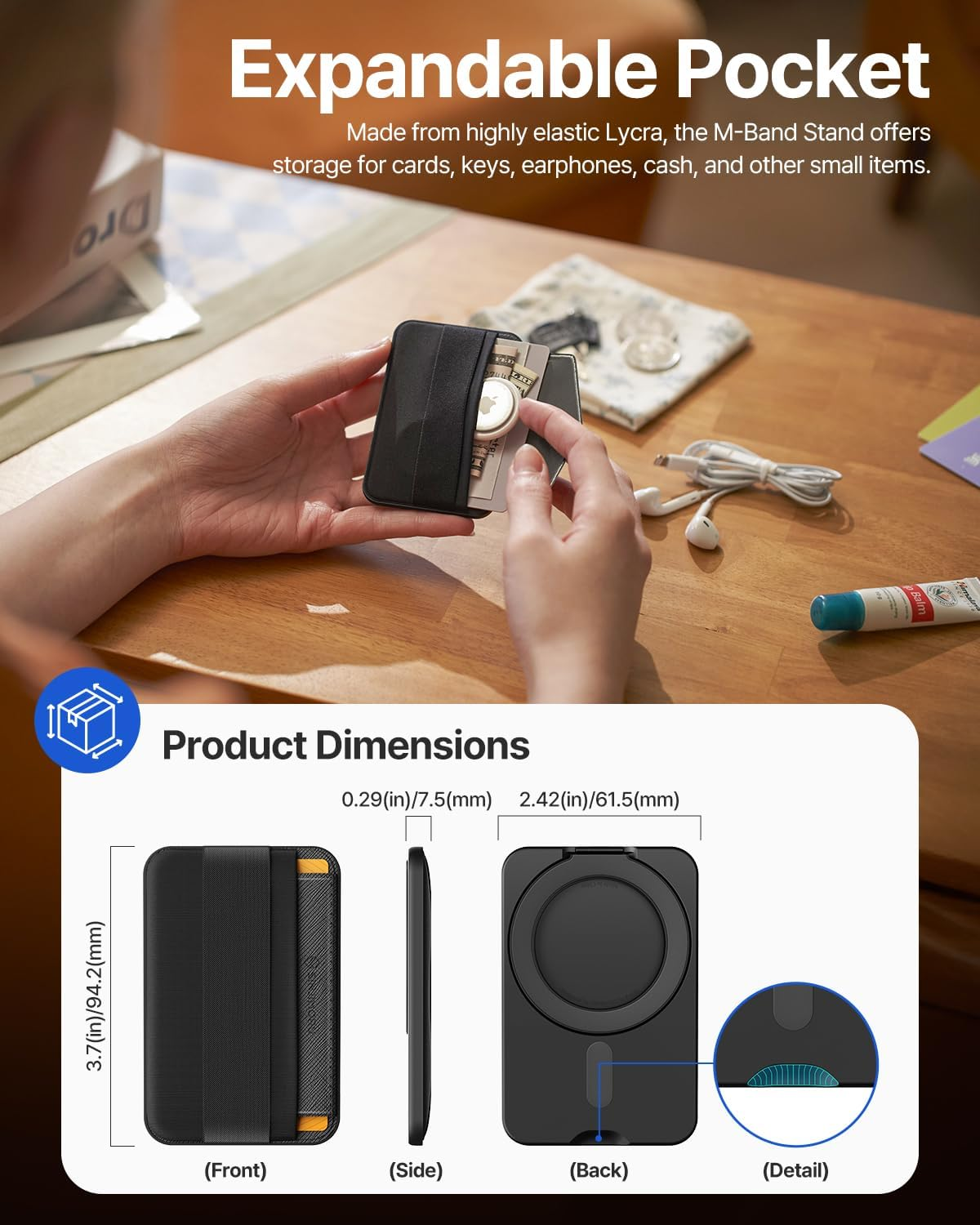 Sinjimoru for Magsafe Wallet, Adjustable Stand with Magnetic Wallet, 3000G Magnetic Strengh, Soft Wool Band Grip, Side Access Type, M-Band Stand Black image number 3