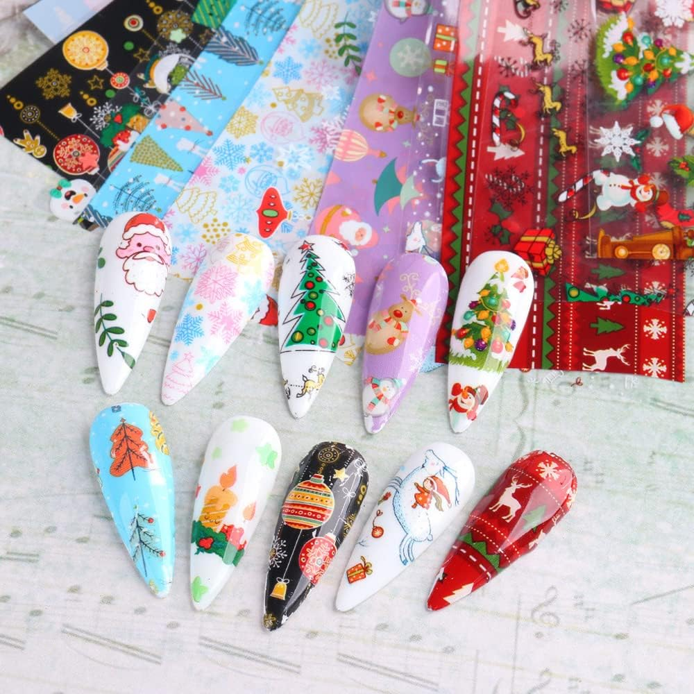 Christmas Nail Stickers Decals Nail Foil Transfer Sticker 10 Sheets Xmas Holiday Decorations Christmas Santa Snowflake Deer Christmas Tree Stickers for Manicure Supplies