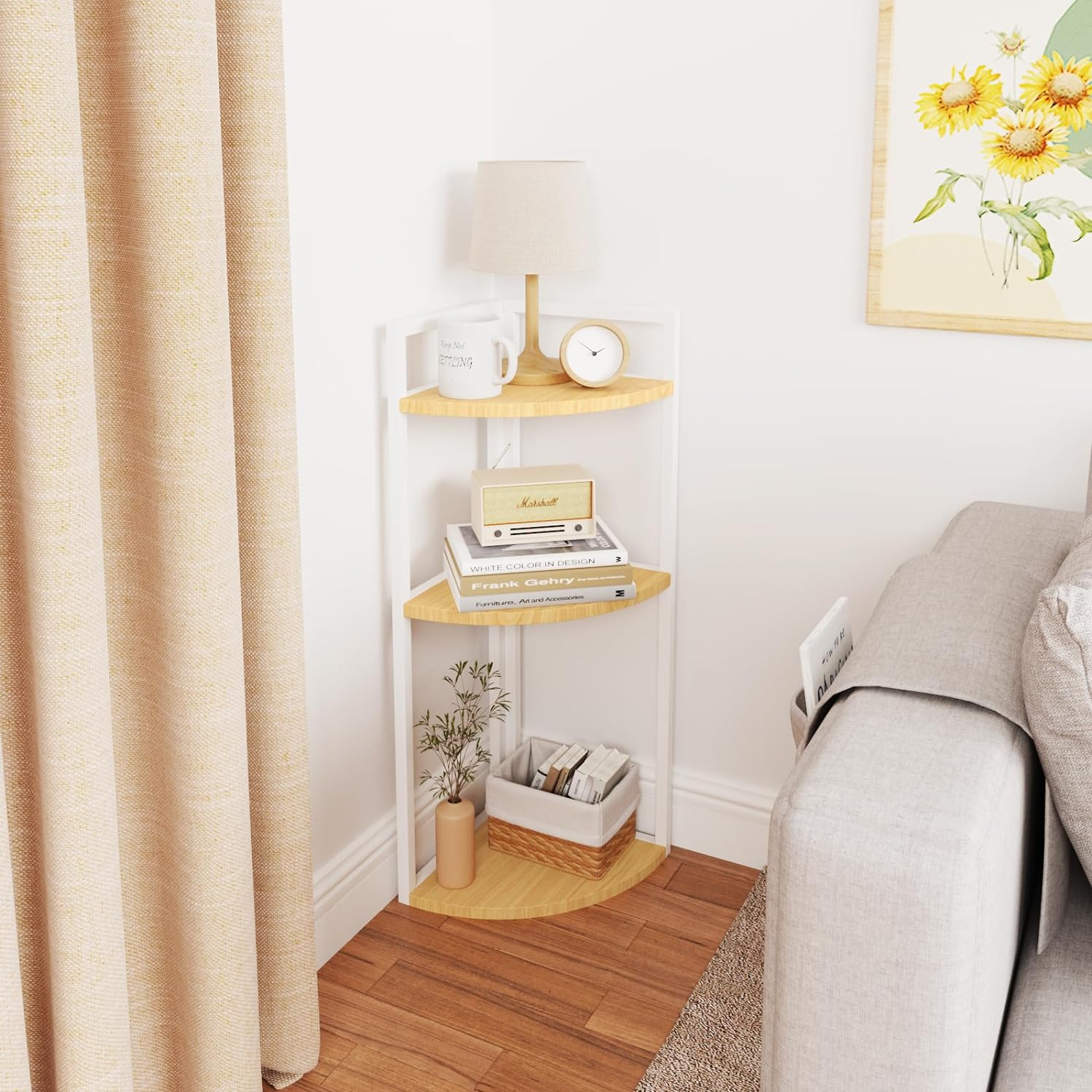 Joiena 3-Tier Desktop Bookshelf, Corner Shelf, Multipurpose Corner Display Rack Industrial Storage Corner Shelving for Bedroom, Living Room, Kitchen, Small Space (White) image number 6