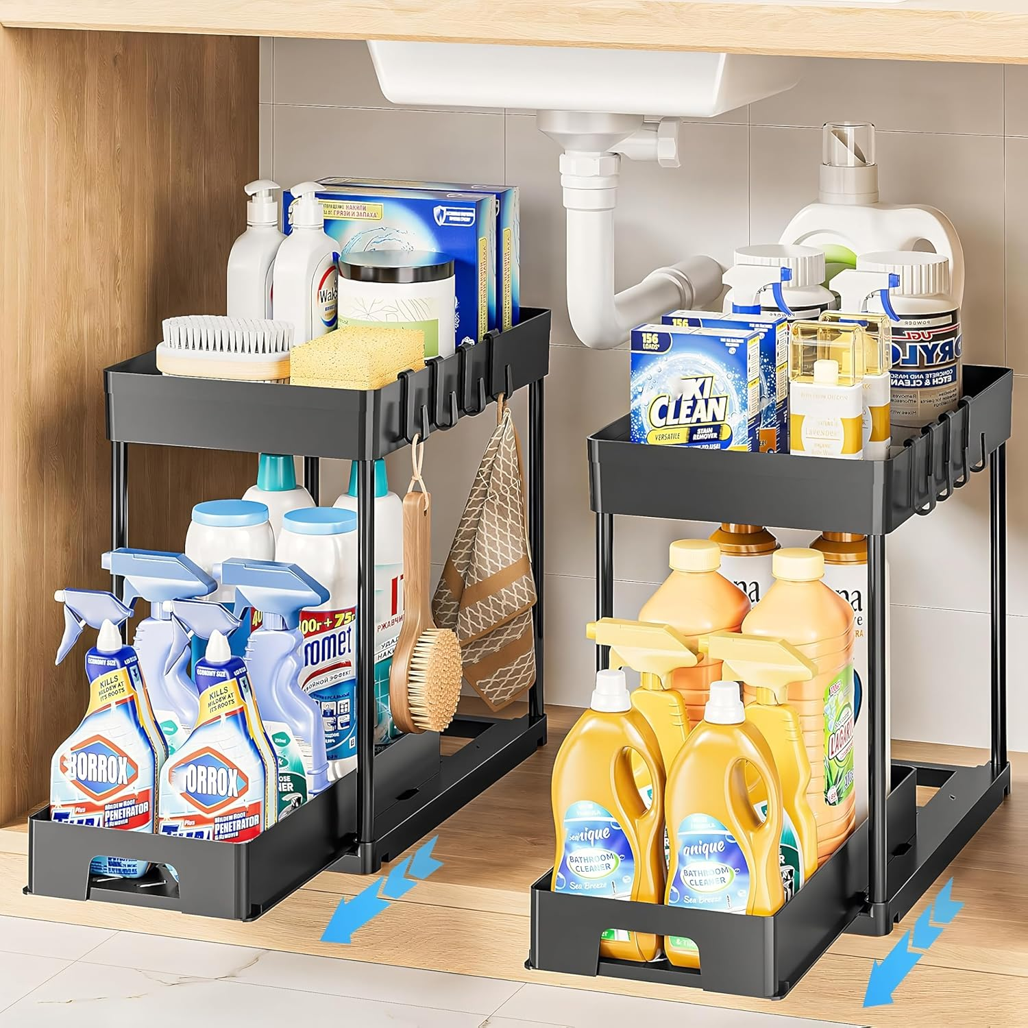 Kintiva 2 Pack under Sink Organiser, 2 Tier Sliding Storage Rack for Kitchen Bathroom Cabinet (Black)