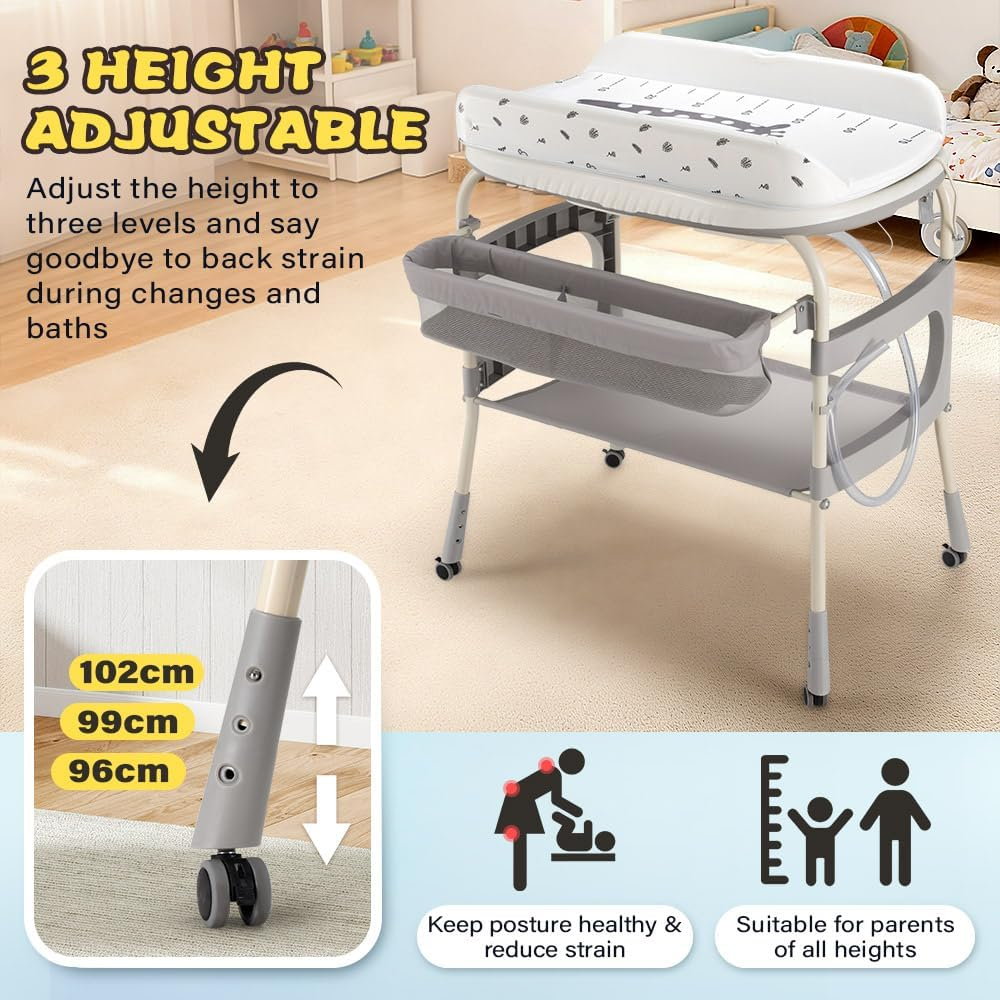 Playpals 2-In-1 Baby Change Table & Baby Bathtub, Adjustable Height Changing Station with Storage Basket & Safety Belt, Mobile Nursery Diaper Changing Table for Baby, Newborn (Grey) image number 2