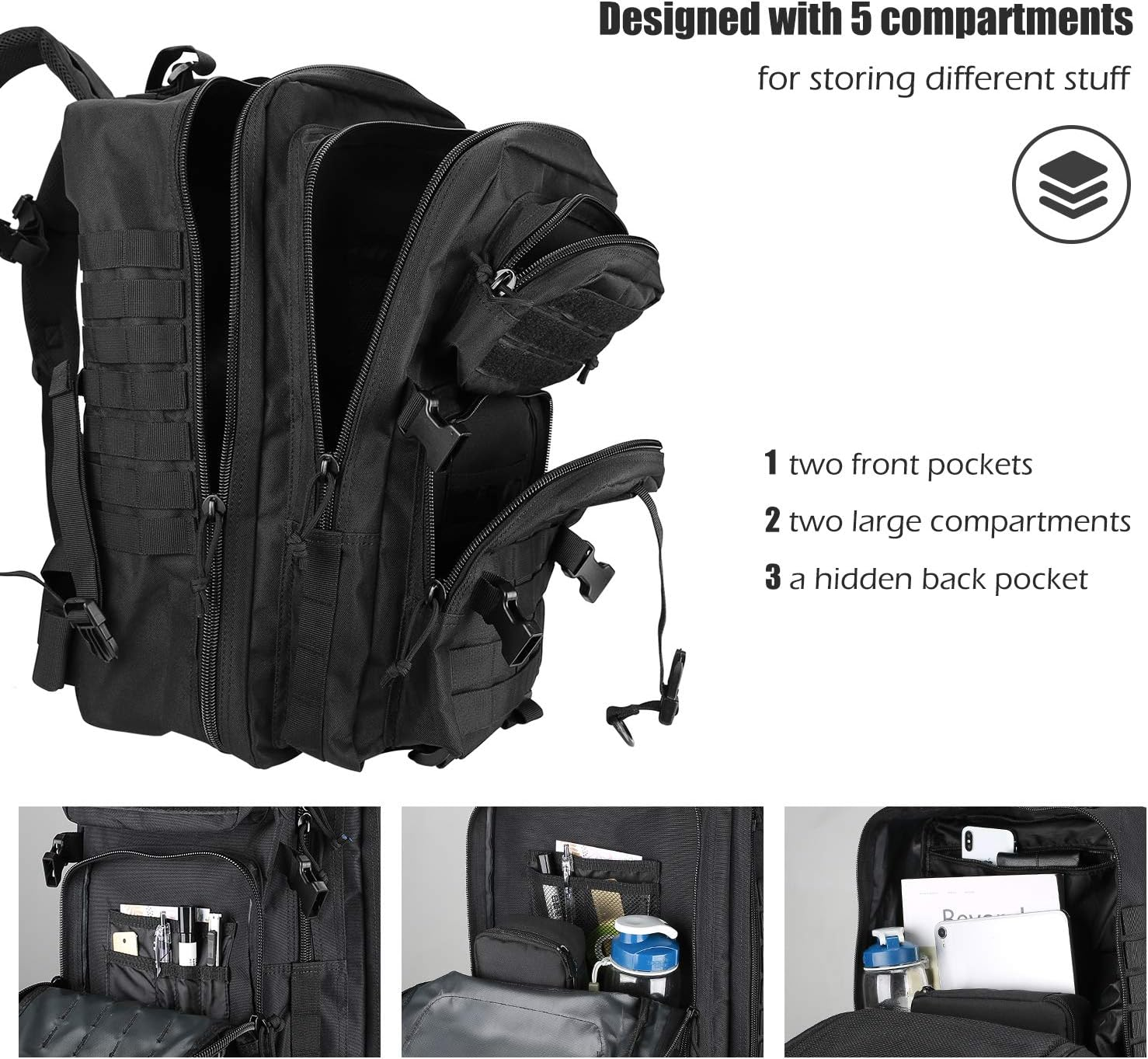 Procase Tactical Backpack 42L Large Rucksack 3 Day Outdoor Military Army Assault Pack Go Bag Backpacks -Black image number 4