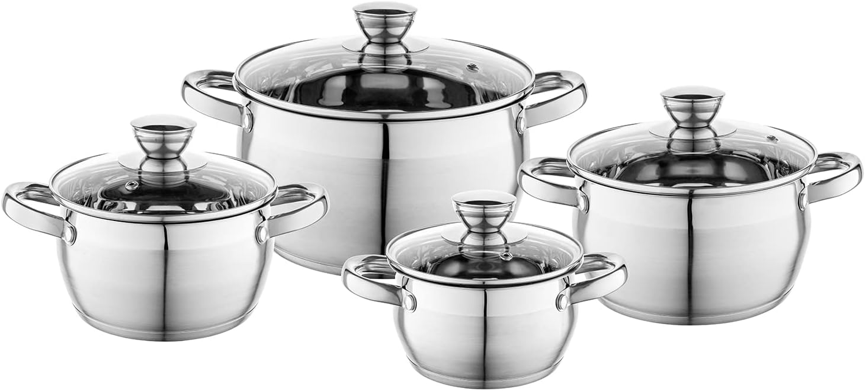 FLORINA Oliver 8-Piece Stainless Steel Pot Set, 1.3L, 1.8L, 2.5L, 3.4L, Induction, Gas, Electric Compatible, Dishwasher Safe, Nickel-Free, Glass Lid, Measurement Mark image number 4