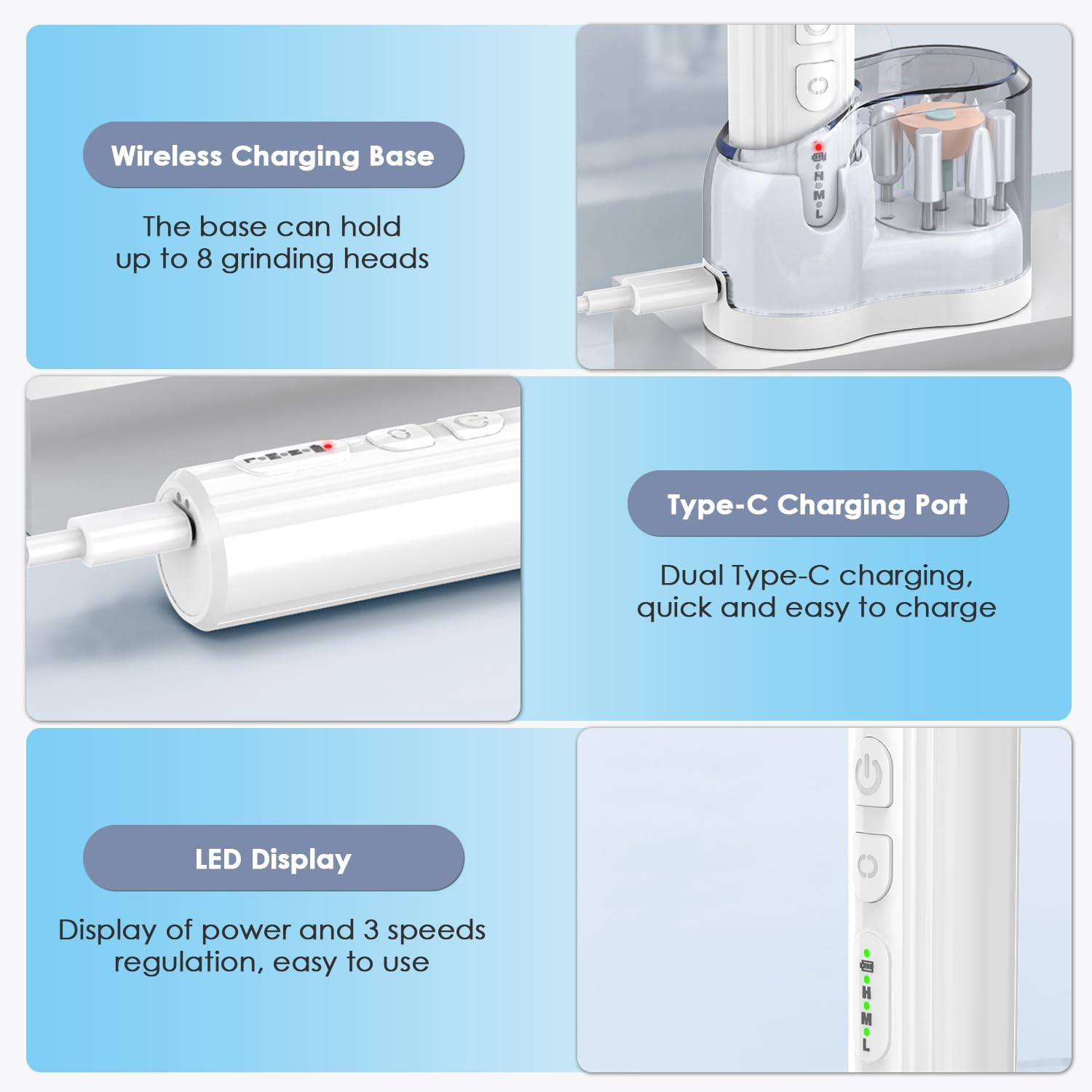 Electric Nail Drill Acrylic Nail File with Wireless Charging & Storage Base for Gel Nails, Portable Rechargeable Electric Nail Drill Machine for Polishing Grinding Trimming, Safe for Beginners Professional image number 3