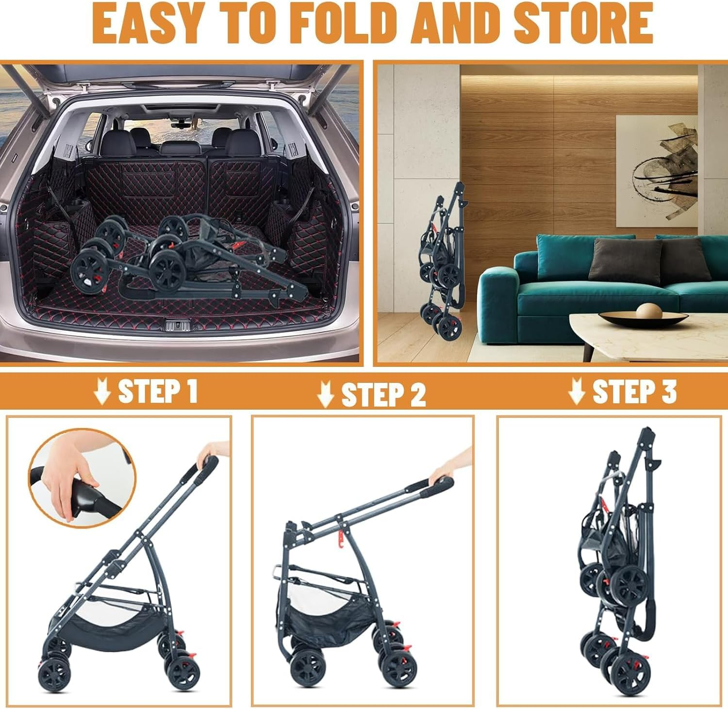 Large Pet Stroller - Dog Cat Carrier Pushchair, Foldable Pram 4 Wheels Black, Detachable Design Baby Pet Stroller, Removable and Washable Padded image number 3