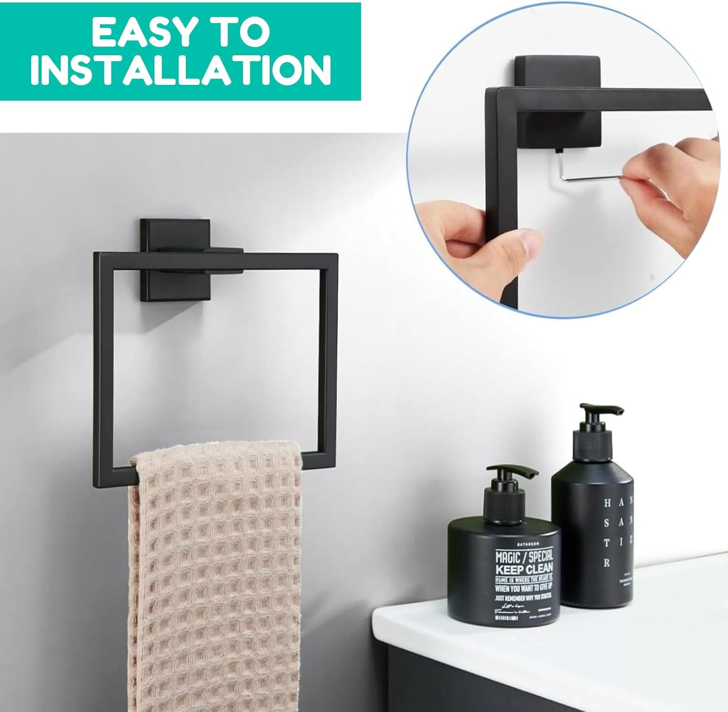 RIKONDA Matte Black Towel Ring Holder - 304 Stainless Steel Bathroom Towel Rack, Modern Square Design with Hidden Screws, Rustproof & Durable for Kitchen, Laundry, Hotels image number 1