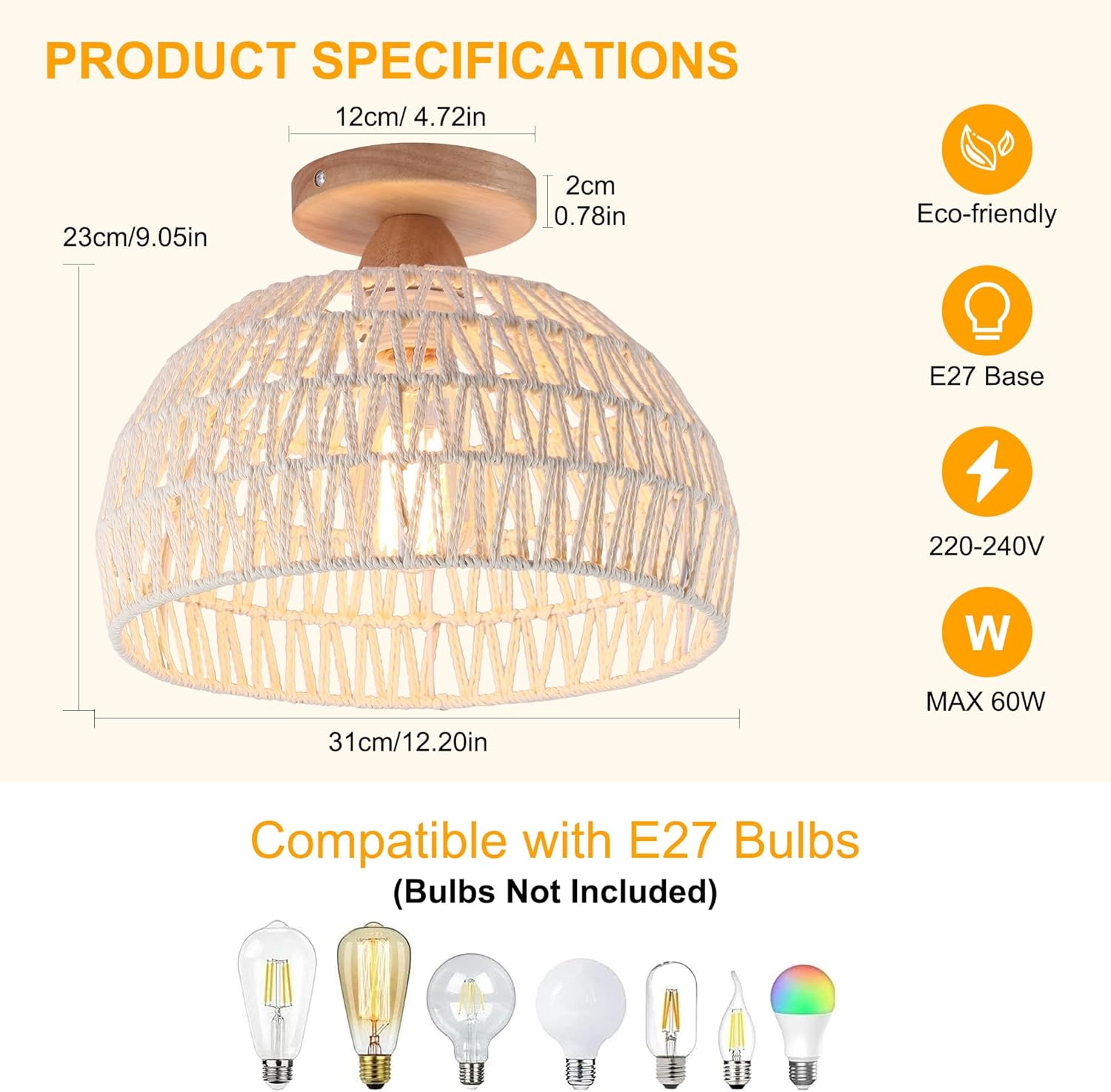 Oninio Rattan Ceiling Light,Boho Semi Recessed Ceiling Light,Handmade Lighting Fixtures,E27 Vintage Chandelier Rustic White Rattan Lamp for Living Room Bedroom Dining Kitchen Bulb Not Included - Rattan Lamp/2-Lights/Brown/12Cm image number 4