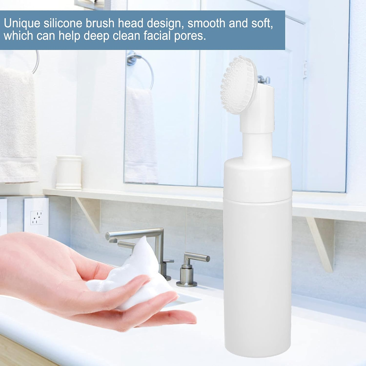 Foaming Bottle with Brush, White Facial Cleanser Foam Bottle, Fastening Pump Head Facial Cleanser Foaming Bottle for Lotion Bottling image number 3