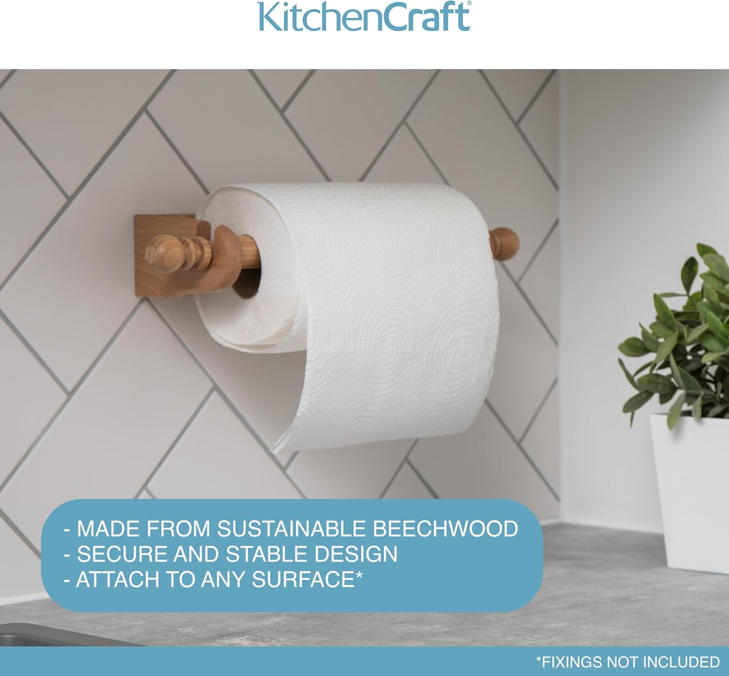 Kitchencraft Wall Mounted Kitchen Roll Holder to Fit 25 Cm Paper Towels, Beechwood, Brown image number 1