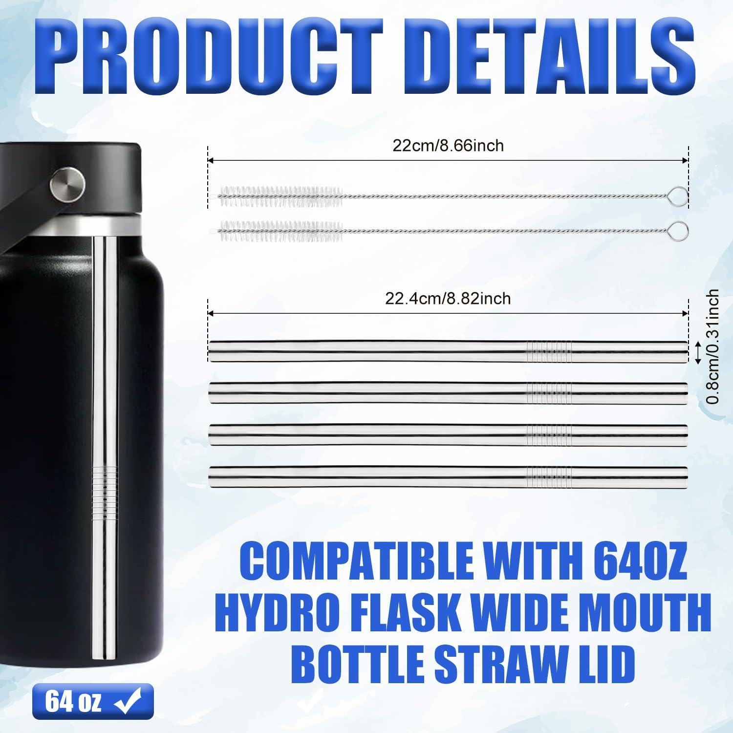 4Pcs Metal Press in Straw Replacement with 2Pcs Straw Brushes for Hydro Flask, Silver Stainless Steel Practical Straws Replacement Accessories Compatible with Hydroflask Wide Mouth Water Bottle 64Oz image number 2