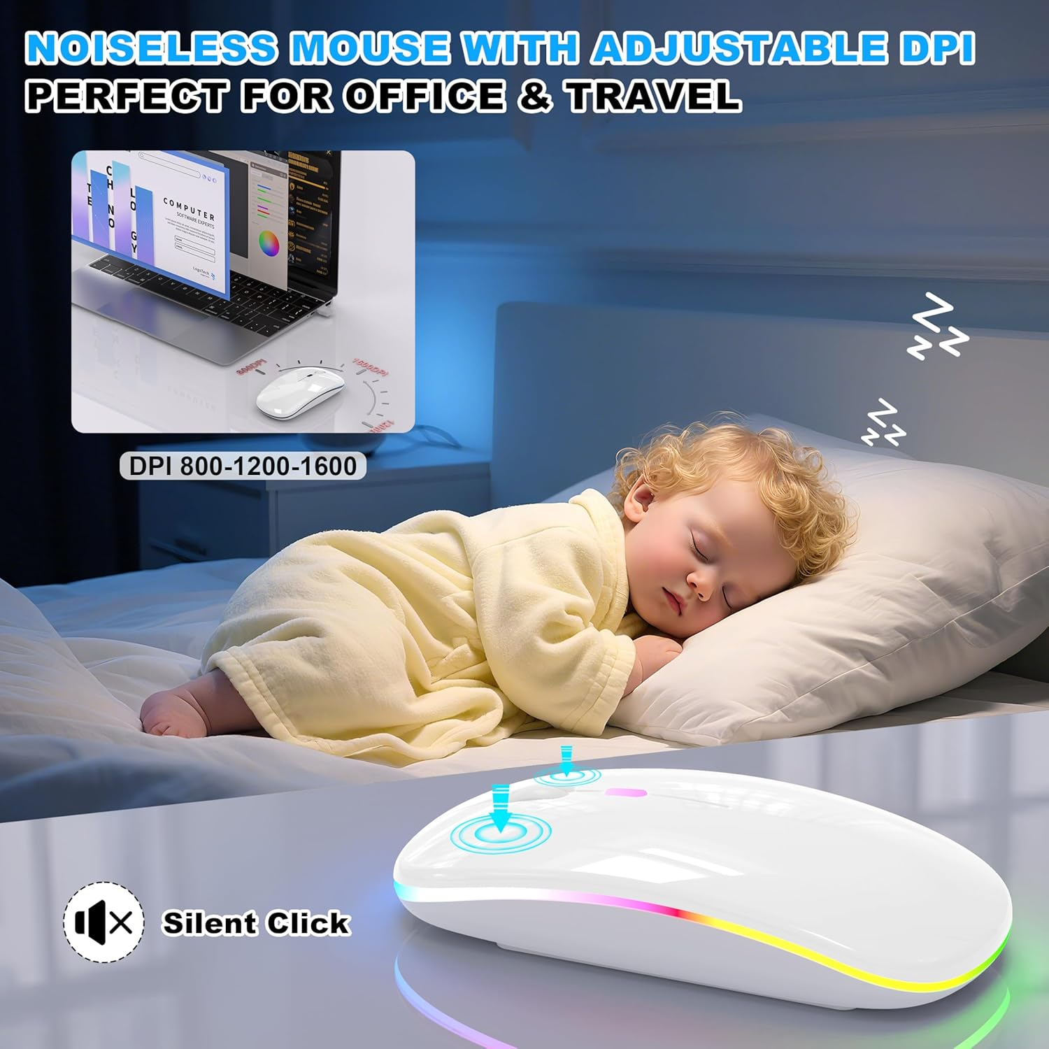 LED Bluetooth Wireless Mouse for Macbook Air Mac Pro Laptop Ipad &ndash;Rechargeable Silent Light-Up Optical Mouse with Jiggler Dual Mode BT5.2 & USB-A/USB-C for Students, Kids, Girls, Boys (White) - Black image number 5