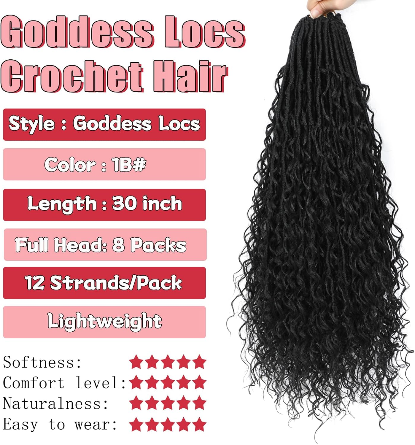 XIIMENALU Boho Faux Locs Crochet Hair 8 Packs Goddess Soft Locs with Curly Ends Pre-Looped Bohemian River Locs Crochet Hair Extensions for Black Women (1B#, 30 Inches (Pack of 8)) image number 1