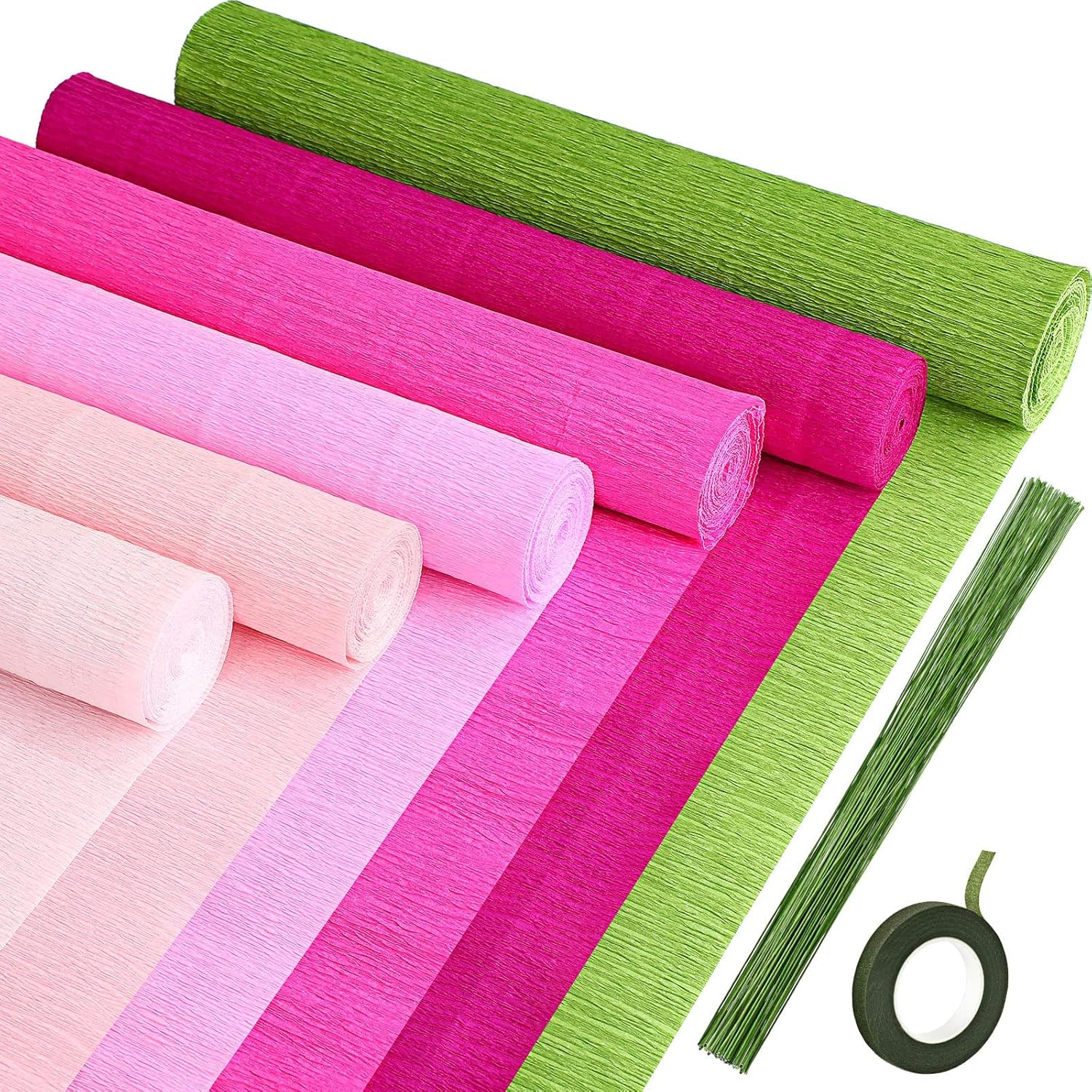 57 Pcs Crepe Paper Flower DIY Kits 6 Rolls 35G Crepe Paper Sheets 50 Pcs Floral Iron Wire 10 Inch X 8 Feet 1 Roll 50 Meter for Birthday Party Wedding(Pink Series, Green) image number 3