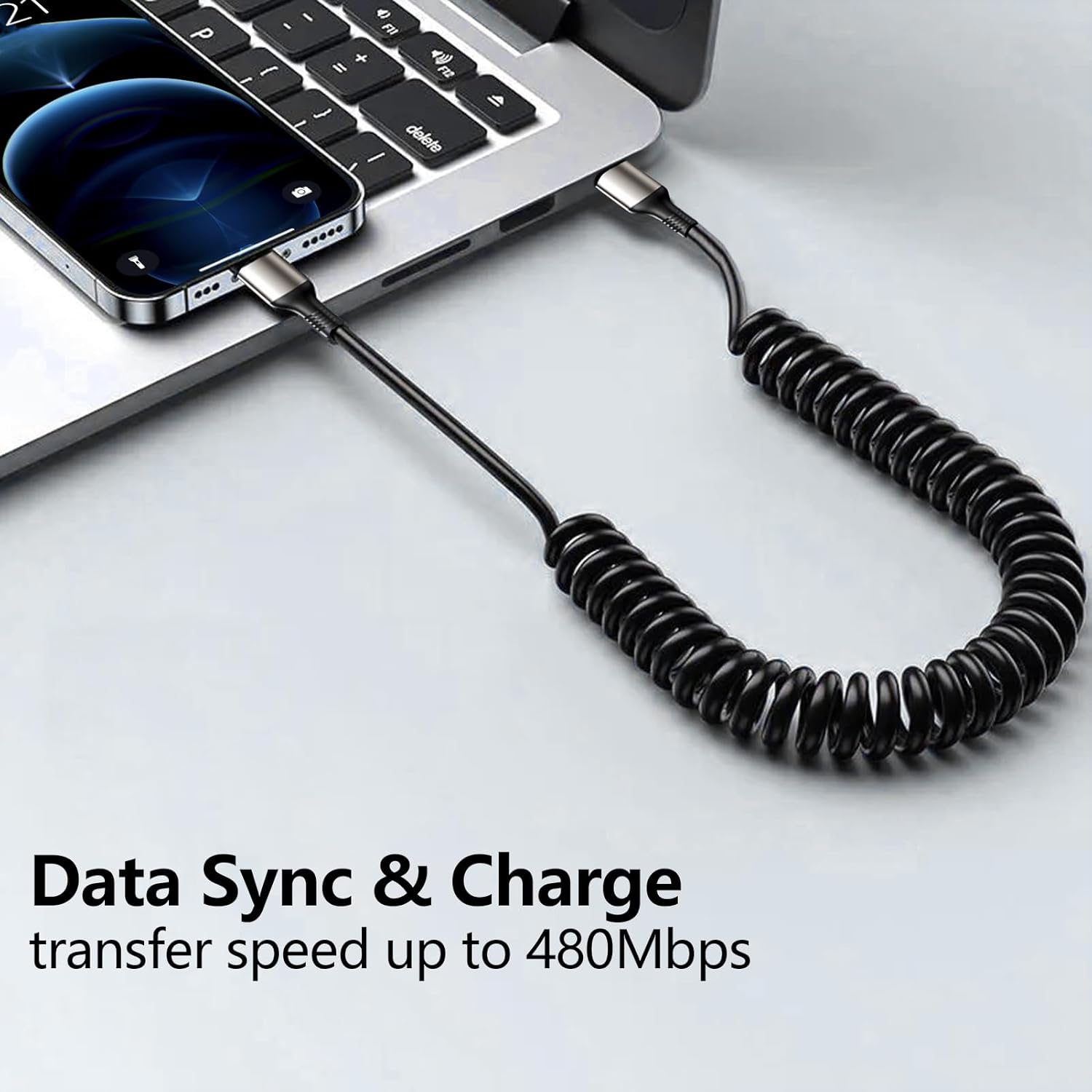 AMITOME Coiled USB C to IP Carplay Cable(2 Pack),1M Fast Charging Retractable USB C to IP Port Mfi Certified Charging Cord Compatible with Iphone 14/13/12/11/XS/XR/X/8 - Black image number 1