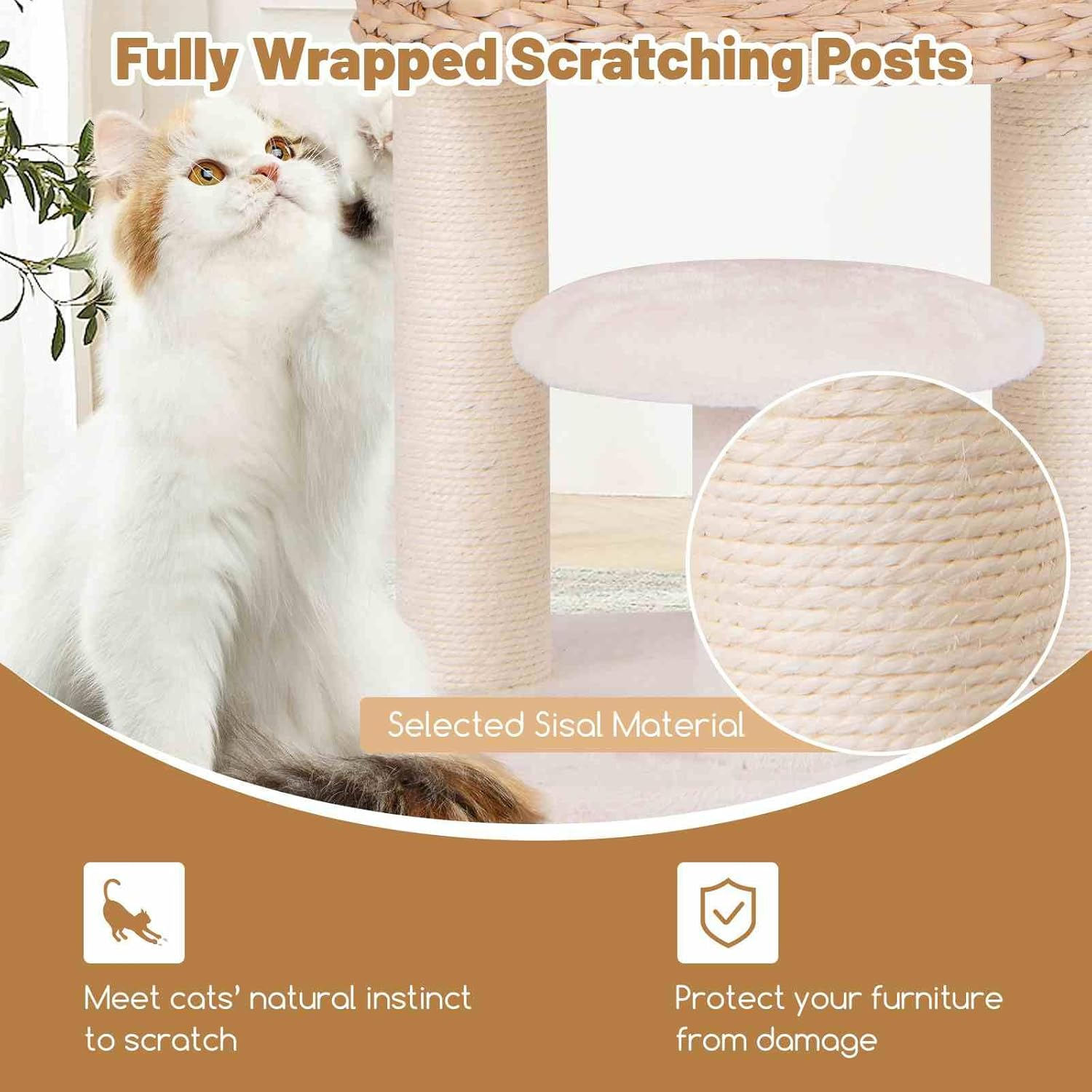 Costway Cat Tree for Indoor Cats, Modern Cat Tower W/Top Perch, Cattail Fluff Condo, Sisal Scratching Posts, Hanging Toy, Bed, Removable Cushion, Anti-Tipping Device, Kitty Activity Center, Natural image number 6