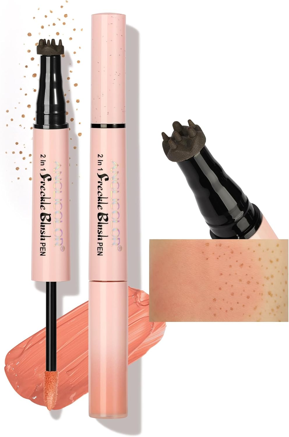 Anglicolor 2 in 1 Freckle Pen, Faux Freckle Pen Stamp with Blush, Quick-Drying, Waterproof, Long-Lasting, Freckle Sizd Dot for Realistic 24H Freckle Natural Makeup (01 Light Brown+Soft Nude Pink)