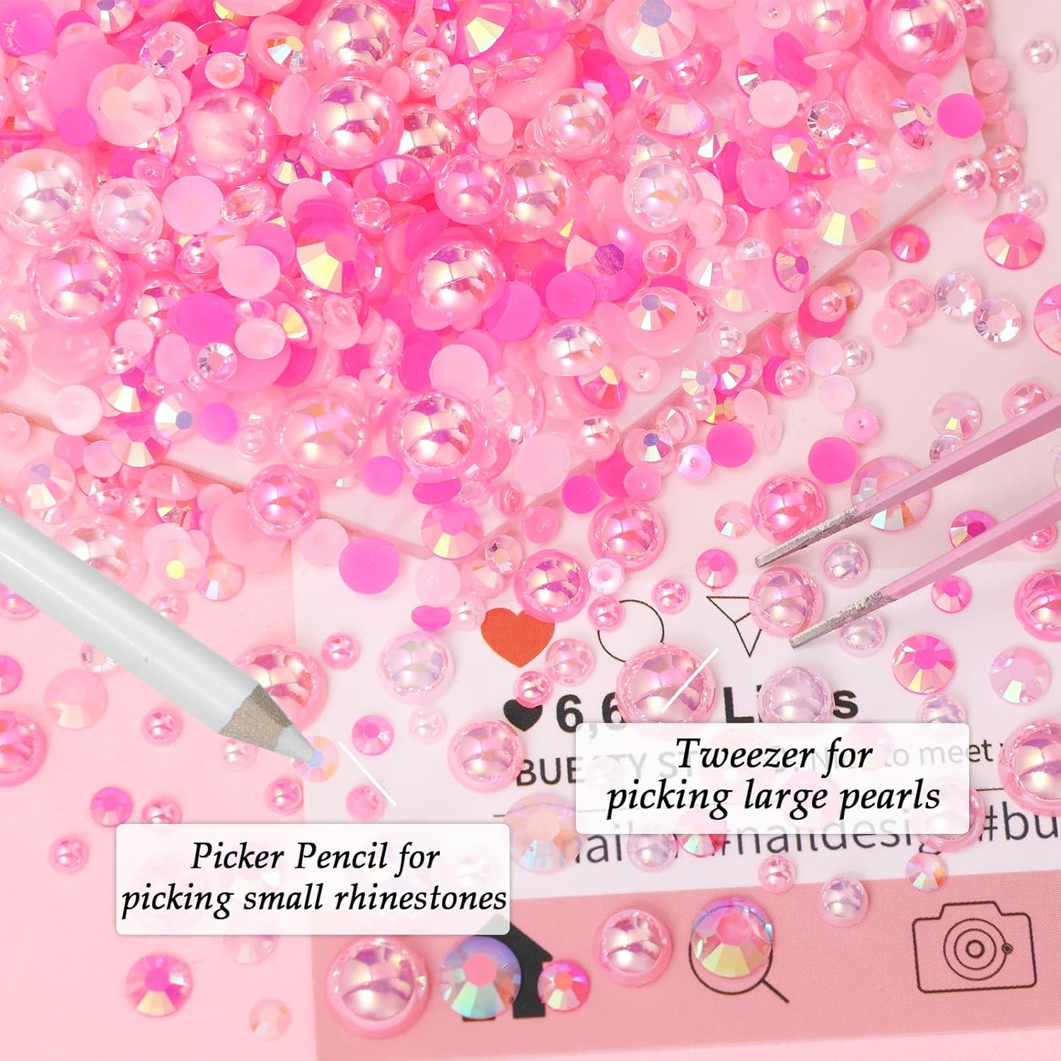 2 Boxes Pink Color Flatback Pearls and Resin Rhinestones for Crafting, 3-6 Mm Jelly Rhinestones, Mixed Size Half Pearl Bedazzling Gems for Nail DIY Crafts Mugs Bottles Tumblers Clothes Makeup image number 5