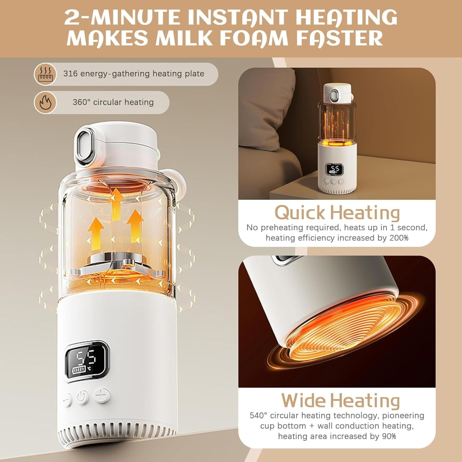 Temperature Control Milk Warmer,Portable Heating Cup with LCD Display 37&deg;C-55&deg;C Water Warmer for Instant Breastmilk, Formula with 350ML Big Capacity image number 3
