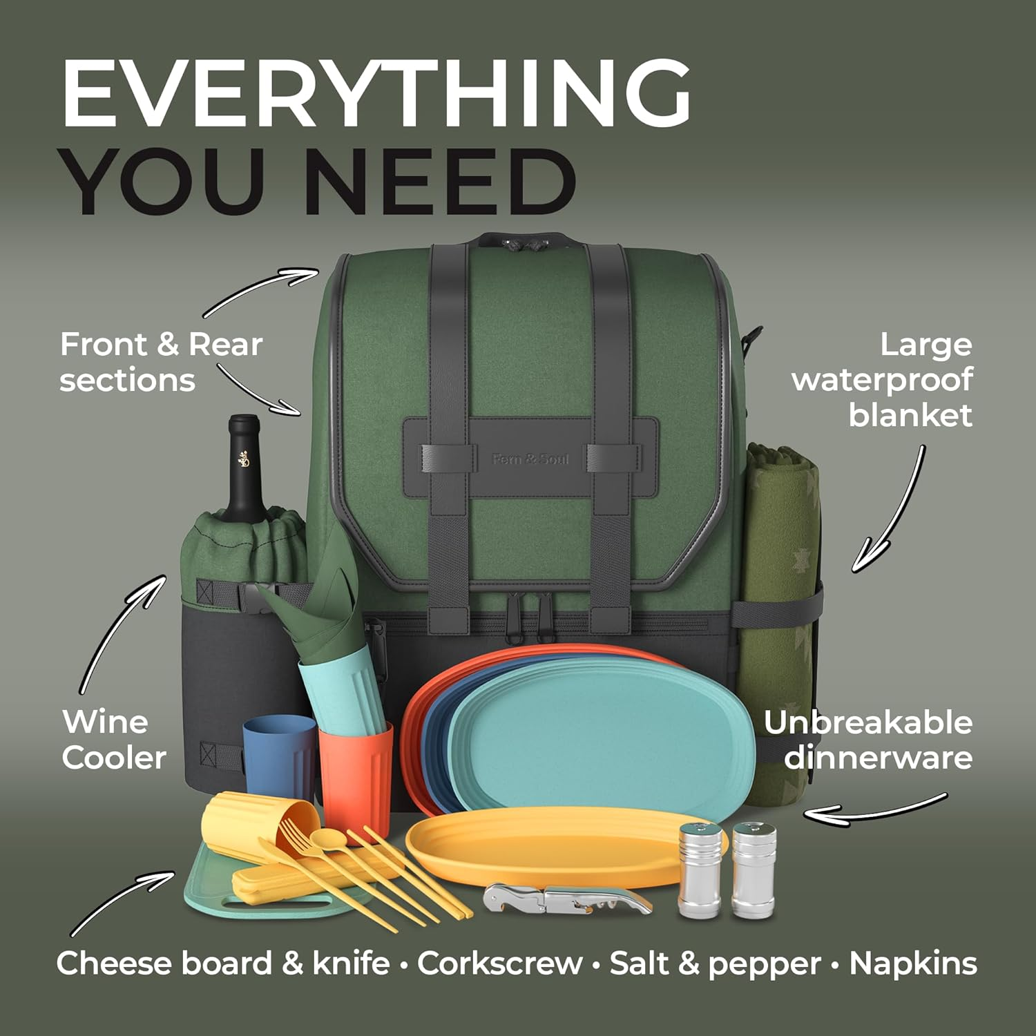 Fern & Soul Picnic Backpack for 4. Stylish Insulated Picnic Set with Blanket, Wine Cooler, a Modern Picnic Bag Made to Last, Ideal for Couples Gifts, Family, Wine Picnic Basket for 2-4 - Fern And Moss image number 2