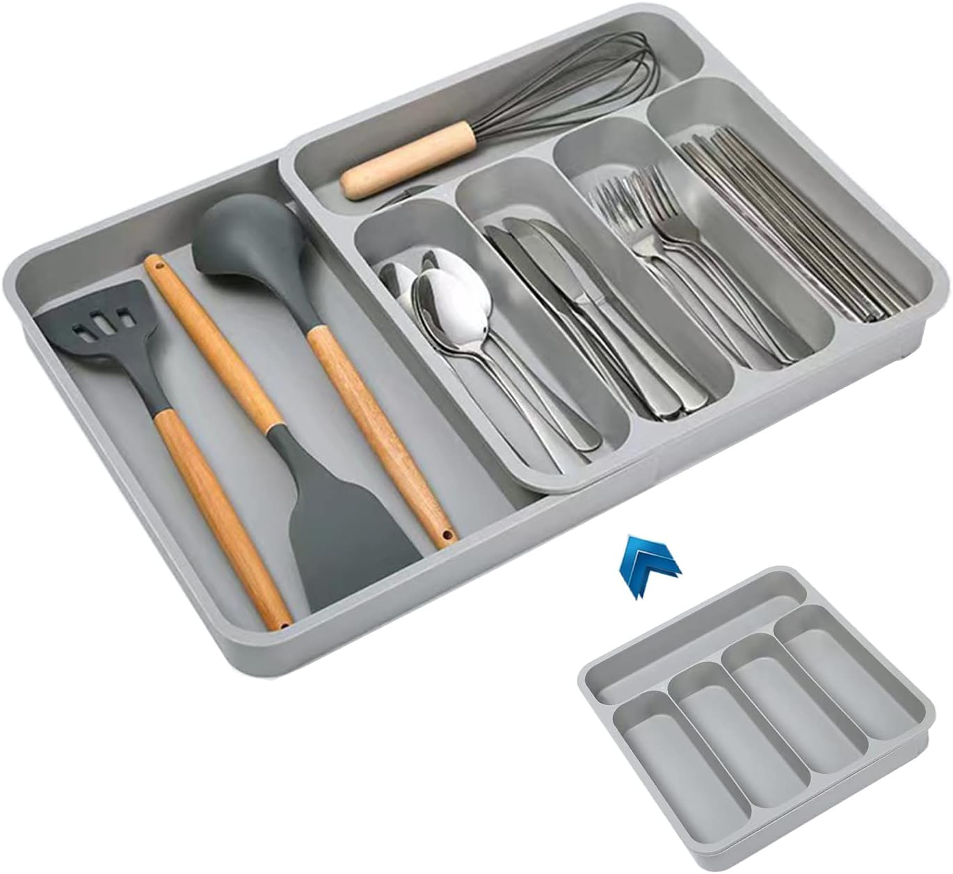 FOREVERIE Extendable Kitchen Utensils Drawer Storage Organiser, 5 Compartments Deep Cutlery Tray Holder for Silverware, Flatware, Knives, Spoons and Forks, Grey