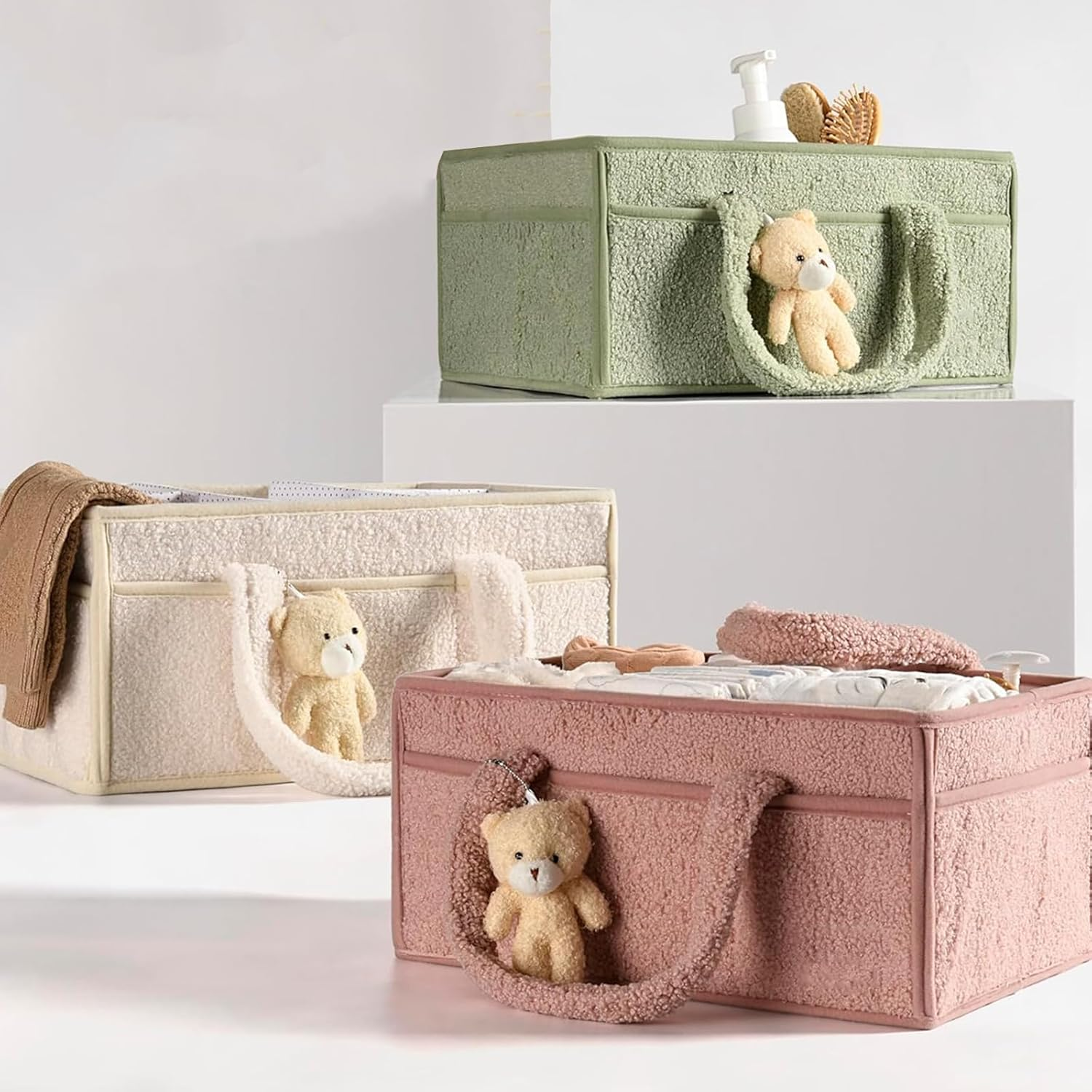 Baby Diaper Caddy Organizer, Nappy Caddy Storage Basket for Diapers and Baby Wipes, Portable Diaper Storage Bag, with Bear Decorations, Perfect Present for New Mom, Nursery (Pink) image number 4