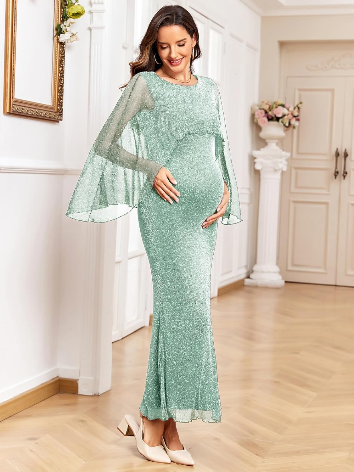 Maternity Sparkly Cape Mesh Dress Maxi Mermaid Bodycon Pregnancy Dresses Wedding Guest Baby Shower Formal Dress image number 3