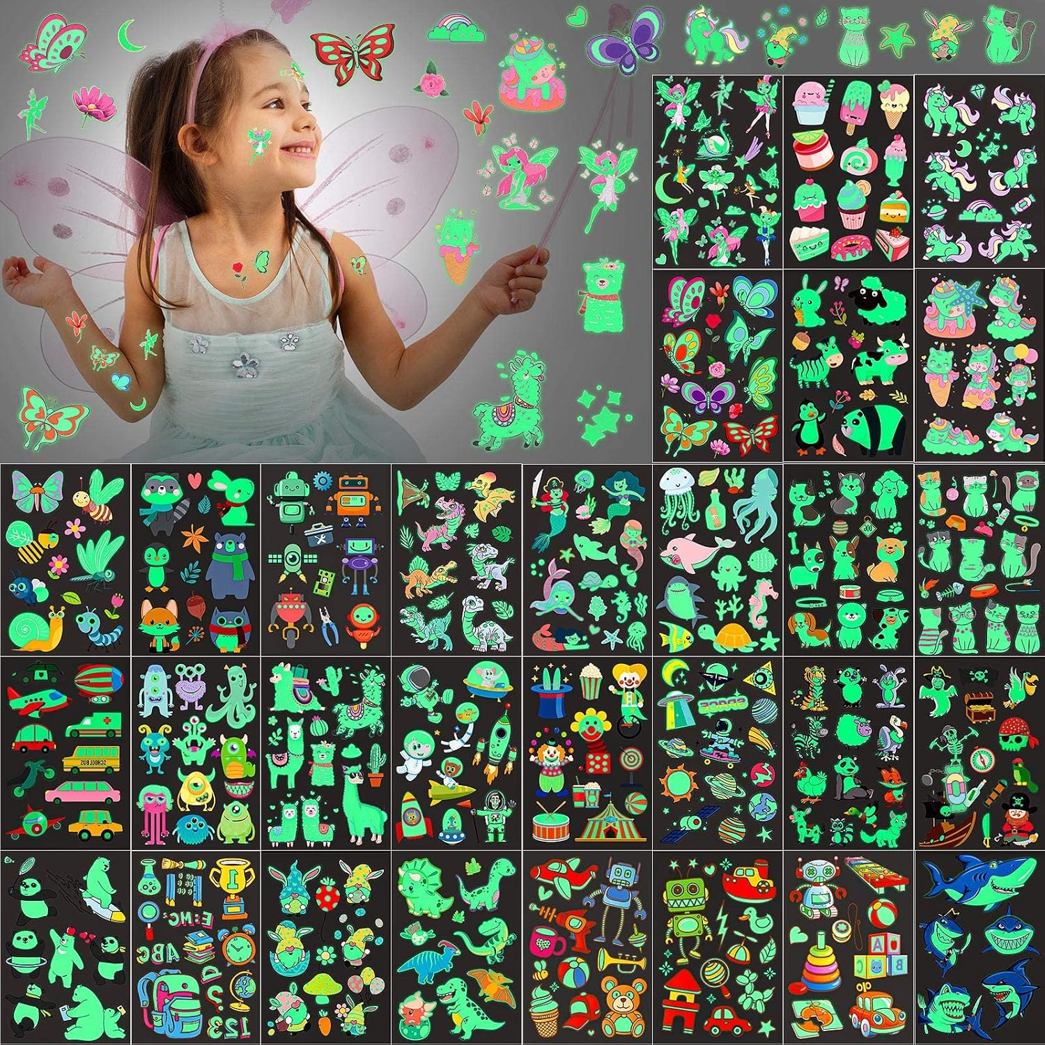 FLAFARY Crystals Face Gems Glitter Jewels, 400 PCS Glow in the Dark Temporary Tattoos for Kids Eyes Body Paint Stickers, Halloween Carnival Festival Party