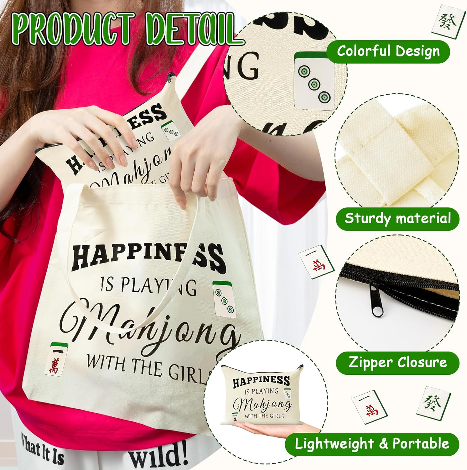 Gioxtra Funny Mahjong Tote Makeup Bag Set - 2Pcs Happiness Mahjong Gifts Tote Shoulder Bag Travel Toiletry Zipper Cosmetic Organizer Pen Purse Pouch for Game Lover Player Women Birthday Gift Supplies image number 5
