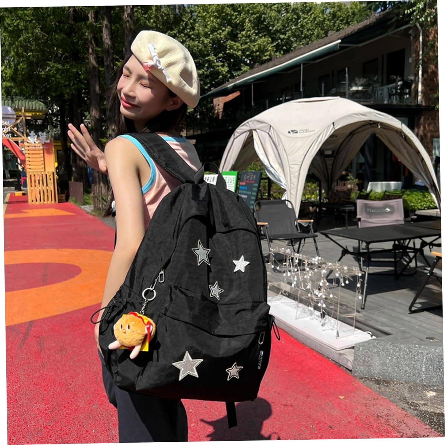 Star Backpack Y2K Backpack Large Capacity Star Canvas School with Smooth Zipper & Front Pocket Book Bags Black Laptop image number 5