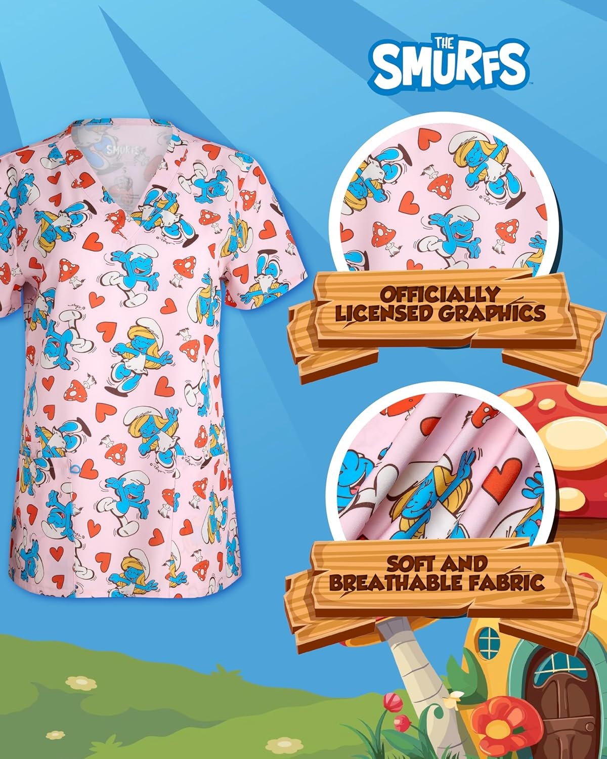 COCO BRANDS Smurfs Womens Scrub Tops - Short Sleeve V-Neck Printed Scrub Tops Women Uniform Shirts with Side Pockets (S-2XL) image number 5
