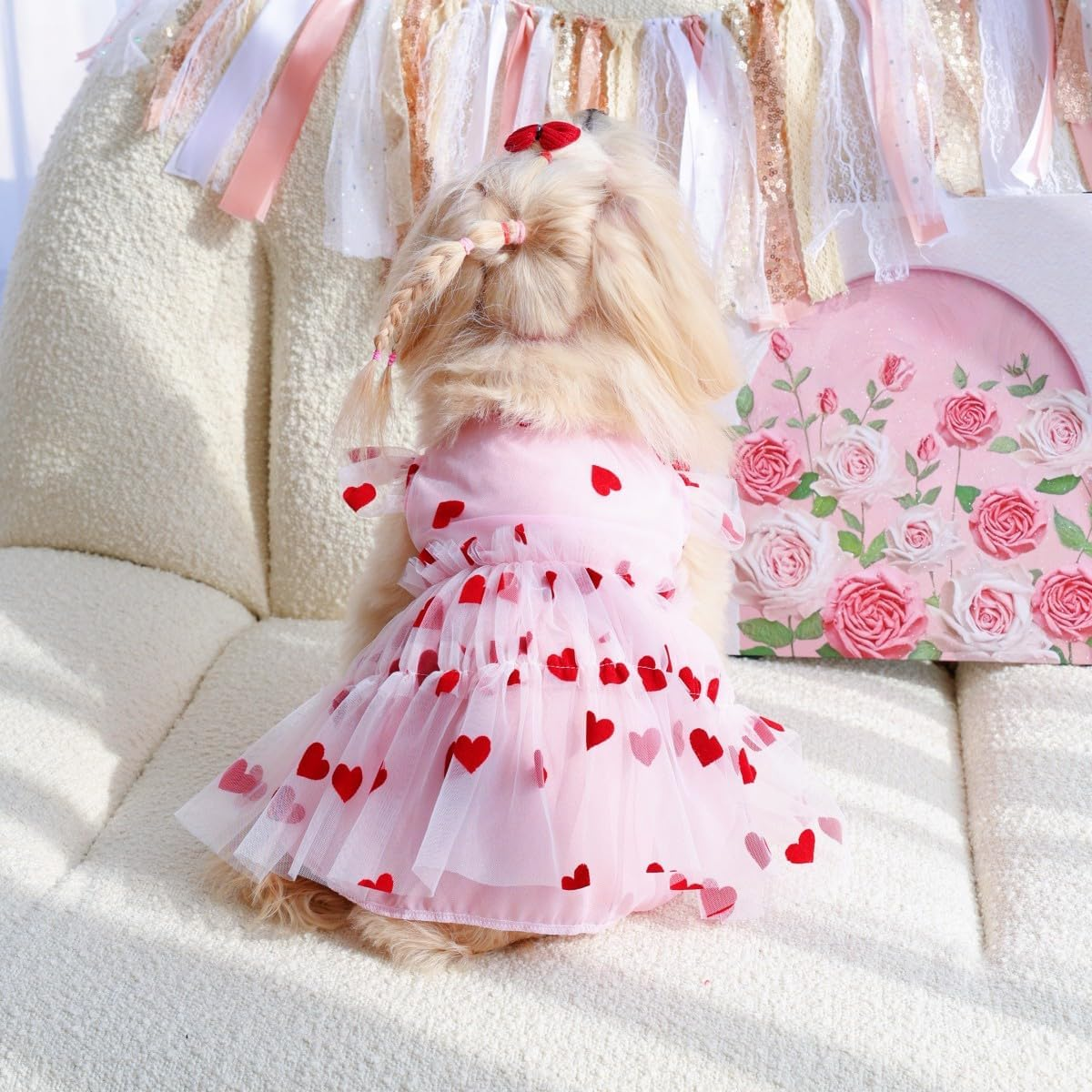 Small Dog Dresses Heart Print Dog Cat Wedding Dress Puppy Tulle Dress Doggie Tutu Skirt Cat Outfit Pet Costume for Clothes (Pink, S) image number 4